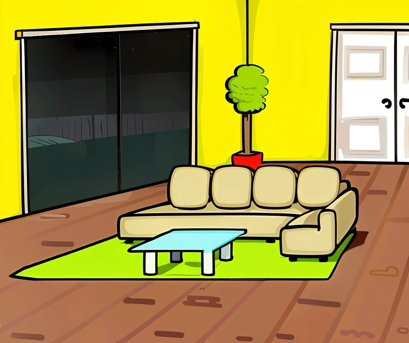Cartoon in the living room with sofa, Coffee table and a door, Fundo sala de estar, Have in the living room, interior scenes, Living room, interior background art, colorkey scene, Simple cartoon style, lounge room, living room interior, room interior, liveroom, cozy living room background, fundo de casa, personal room background, loundraw
