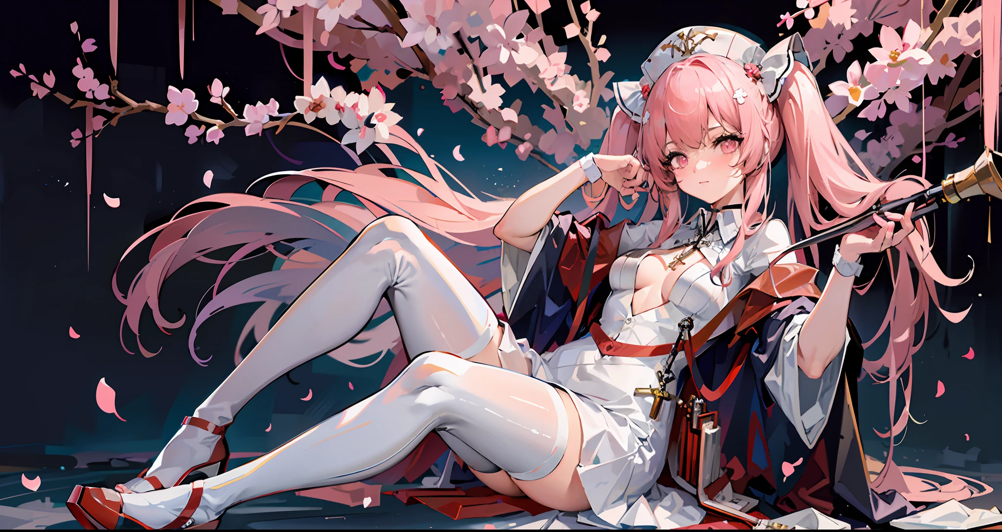 A young woman，Full body in camera，full bodyesbian，Ccup，（tmasterpiece），（best qualtiy），（A pink-haired，long whitr hair：2，White flower decoration，White hairpin），Hair is carefully coiled，Long legs，（lacepantyhose，White panty hose，stocklings，Full body pantyhose），Pink silk dress，Shoulders exposed，Chest exposure，（chest visible：2）（panties are visible：1.5，White panties，Lace），get down on the bed，（cuteexpression，ssmile，Playful），（Be red in the face，putting makeup on， Blushlush），（White high heels，Pink cherry blossom decoration），White bed，SakuraNS， the night，have to pee，Pee，pissing，Pee yourself，Top lighting，16k，High- sharpness，high qulity，wide wide shot，Bright colors