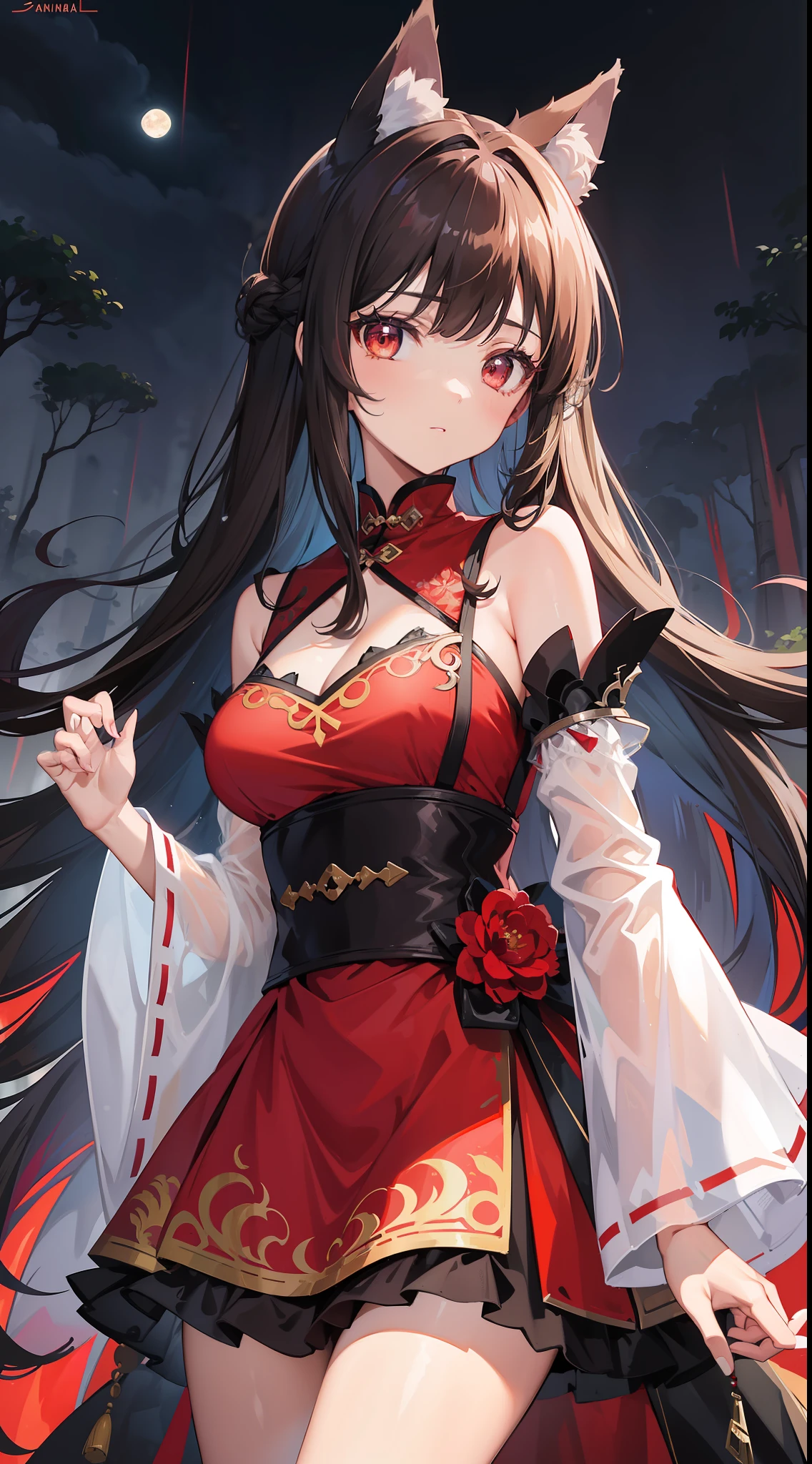 (1girll), (Cowboy shot), (km), sanimal ear fluff, Animal ears, Bare shoulders, corsage, Brown hair, dress, frilled sleeves, Pedras preciosas, jewelry, Medium breasts, Lips, Long hair, Long sleeves, multicolored clothing, multicolored dress, off the shoulder dress, Parted bangs, Red eyes, red gemstone, side locks, Wide sleeves, Wolf ears, Wolf Girl, Wolf tail, forest, rain, Darkness, Moon, Barren space, Detailed background，（（chinese paintings））