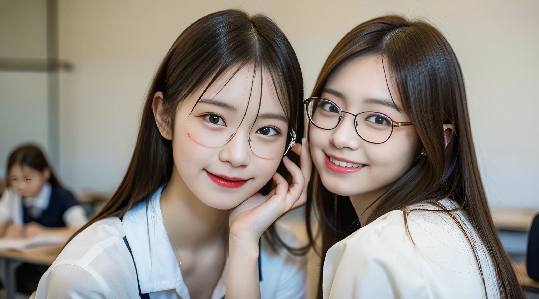 ((best quality, 8k, masterpiece: 1.3)), sharp focus: 1.2, beautiful Japanese schoolgirl with perfect body: 1.4, ((one girl)), wearing glasses, girl with glasses, small face, ( Smooth long hair, light brown hair, ), Japanese schoolgirl, bikini, white bikini, highly detailed face and skin textures, detailed eyes, double eyelids, sexy, smiling, reviewing, in class, studying, Studying for tests,