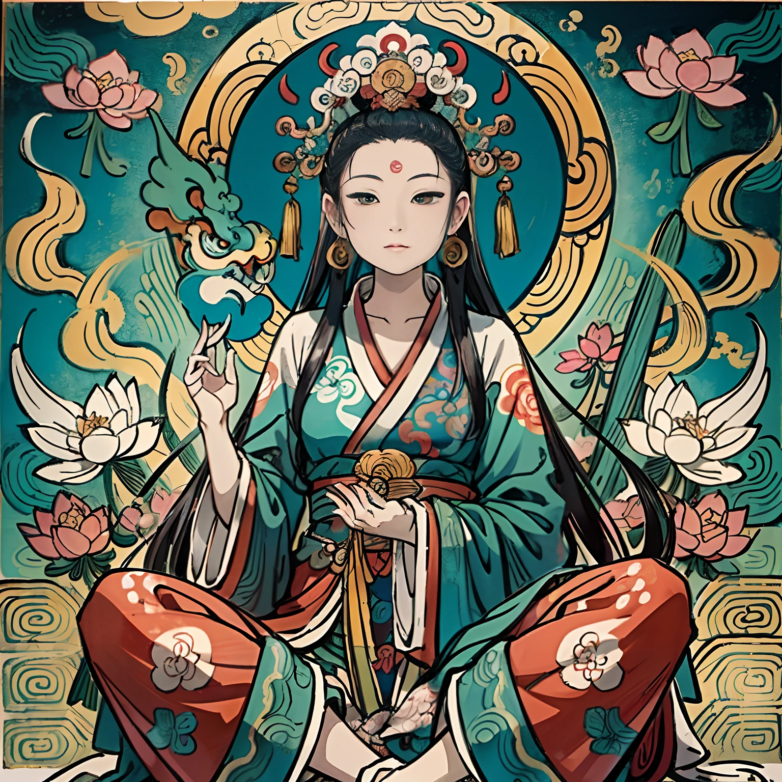 an ancient Chinese goddess, guanyin of the southern seas, Guanyin, Inspired by India, Avalokiteshvara Bodhisattva Phoenix,,Serene expression,shui mo hua,Buddha,Buddhist,Lotus,Chinese painting style,Thangka style