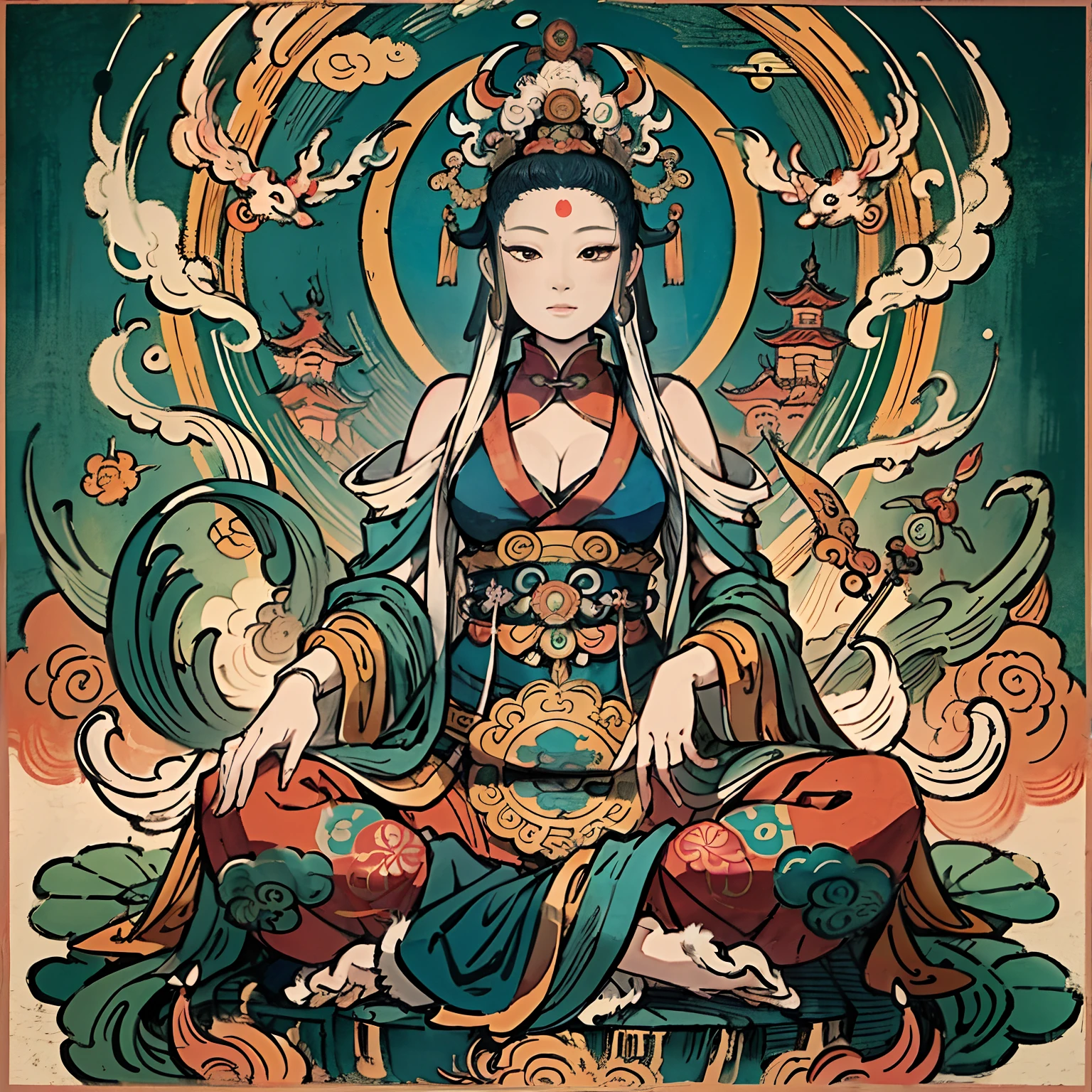 an ancient Chinese goddess, guanyin of the southern seas, Guanyin, Inspired by India, Avalokiteshvara Bodhisattva Phoenix,,Serene expression,shui mo hua,Buddha,Buddhist,Lotus,Chinese painting style,Thangka style