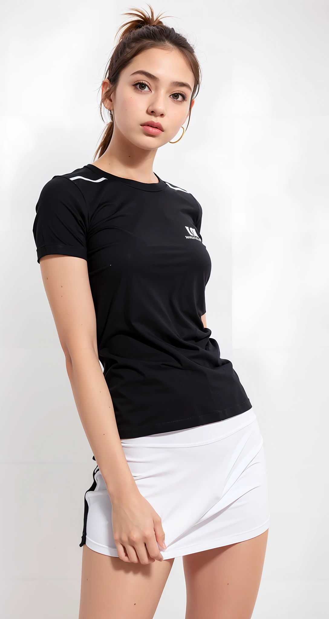 uma mulher linda de top preto e saia branca posando para uma foto, mangas curtas, tampo preto, camiseta preta, roupas esportivas, saia curta, usando uma saia curta esportiva, saia curta tem, camisa preta, usando roupas sexy, mini saia sexy, minissaia, camiseta esportiva, vestindo camiseta preta, camiseta, T - Camisa, camisa preta, roupas esportivas, tennis wear, Camiseta, T-shirt preta, camiseta preta