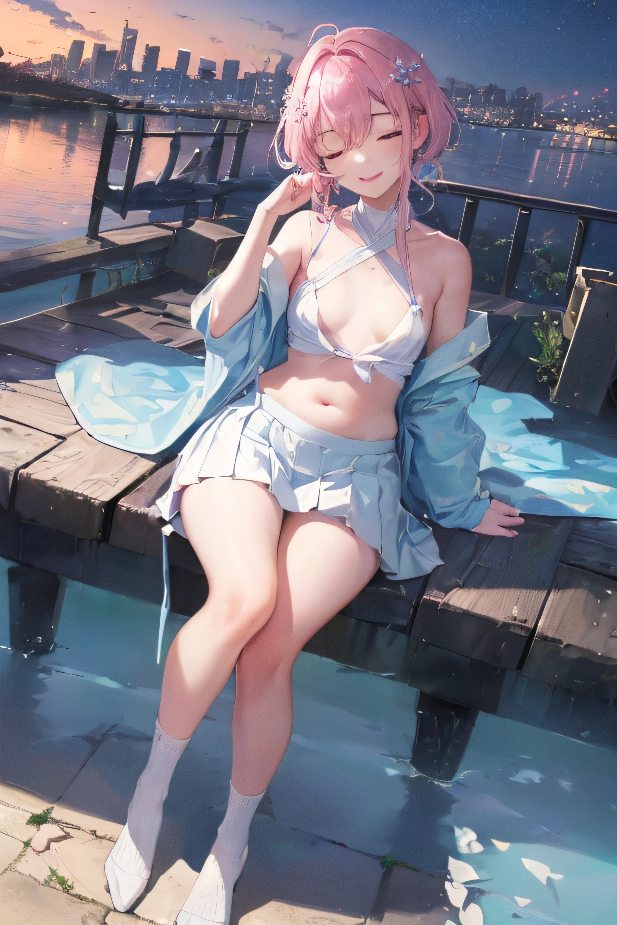 official art, masterpiece, sharp focus, (beautiful gorgeous cute chubby Korean woman:1.3), (beautiful cute korean:1.3), korean beauty, Delicate and beautiful short hair and eyes and face, realistic, ultra detailed, beautiful girl, blue sky, glow white particle, (sidelighting:1.2), sun light, white cloud, detailed clouds, slender, Lovely ((small breasts)) and very large hips, smile with teeth, ((smile with eyes, close one eyes)), scenery, long straight hair, sexy facial expression, building, (cityscape:1.7), twilight skies, dynamic hair, short straight hair, detailed platinum pink hair, glow blue eyes, (blue pleated shirts + white skirt), white long socks, pale skin, hair ornament, epic scenery, ((nipple slips)), short skirt, ((belly button)), chubby girl, kimi no nawa comet, meteor, aurora borealis, wide angle lens, cherry blossom, stars, milkyway