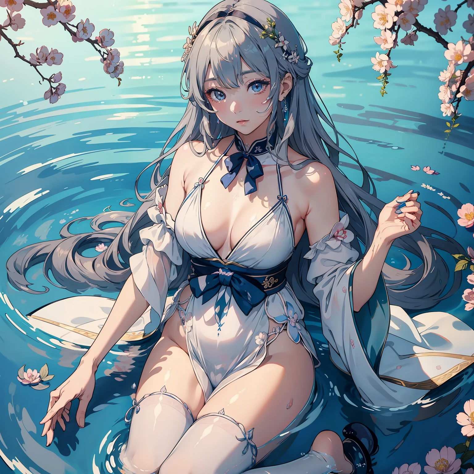 ((独奏))、(((Delicate and masterpiece)))、colourfull、Japan 35 years old、In the water、a sailor suit、Long gray hair、Beautiful eyes、Beautiful skins、fine detailed、Fancy background、Fancy effects、​masterpiece、Fancy details、4k