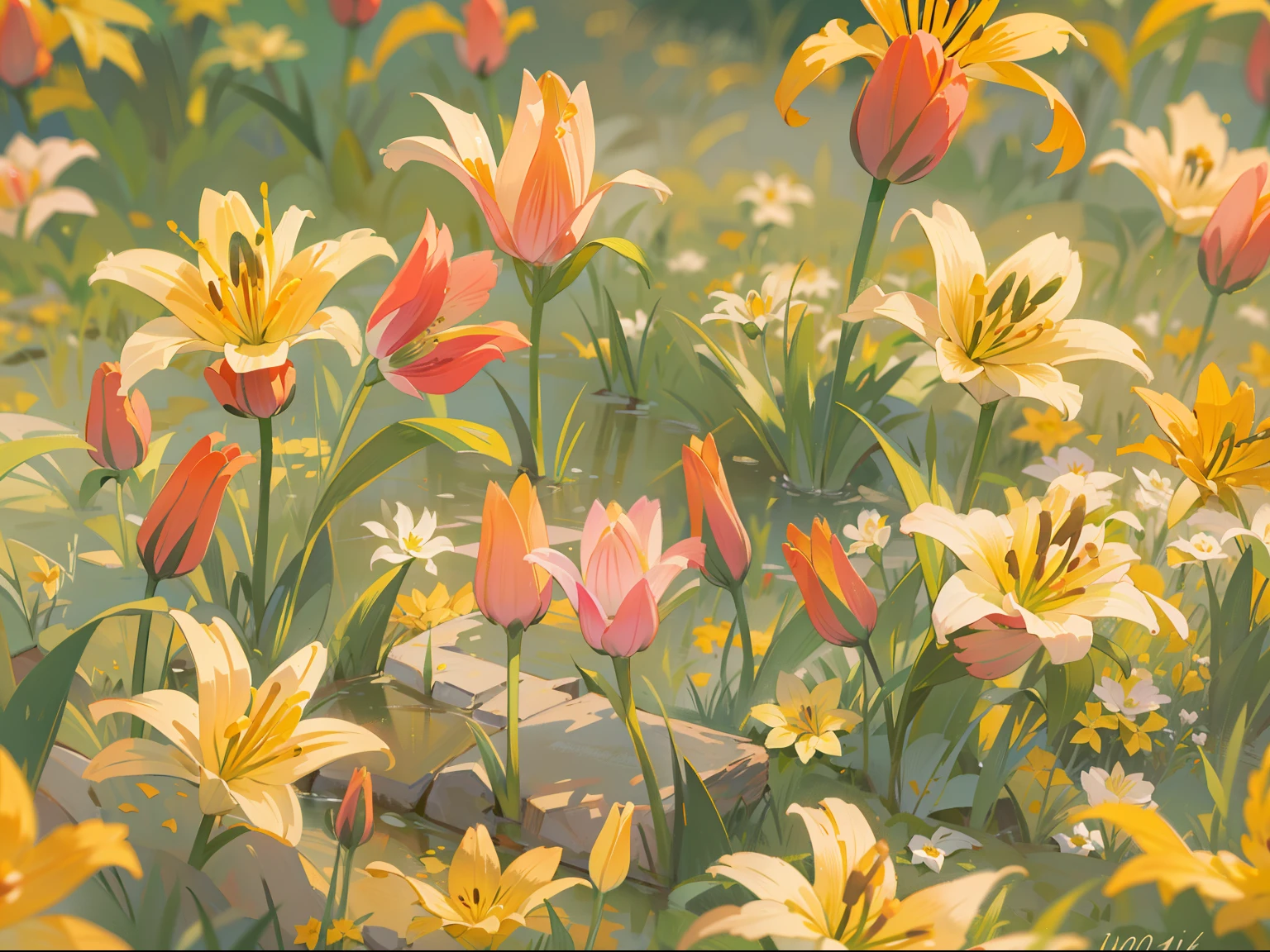 (masterpiece), best quality, ultra high res, sharp focus, long shot, meadow full of yellow lily flower, (at noon time:1.2), (warm pastel tone), detailed scenery, beautiful scenery