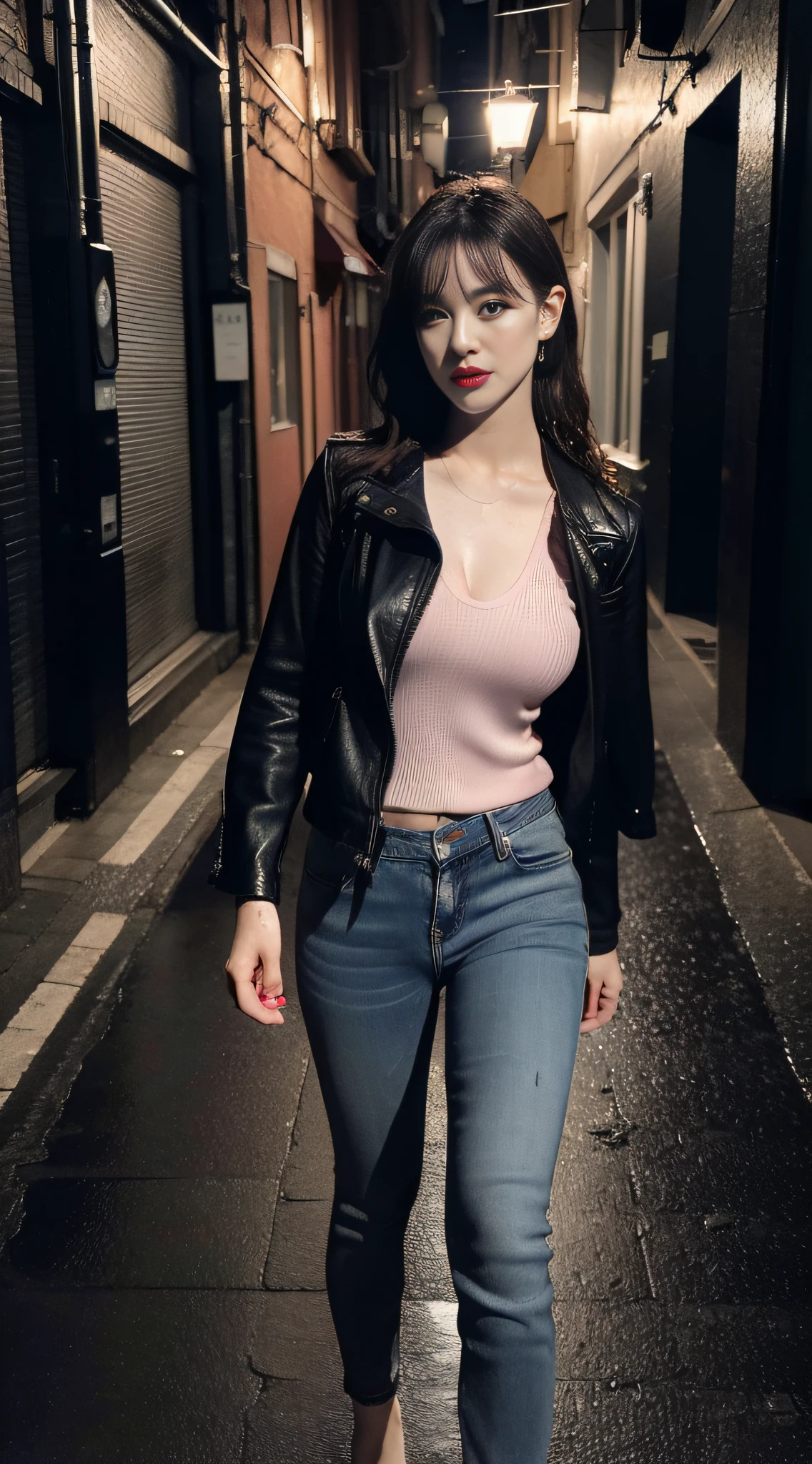 ((8k, RAW photo, highest quality, masterpiece), High detail RAW color photo professional photo, (realistic, photo realism:1. 37), (highest quality), (best shadow), (best illustration), ultra high resolution, highly detailed CG unified 8K wallpapers, physics-based rendering, cinematic lighting), sensual girl, (25 years old), black hair, ponytail, thin lips, red lips, make up detail, pink lips, eyeshadow, angry, (huge breast : 1.5), (walking) , black jacket, jeans, ((wet clothes, water seeps into the body)), smtall body, high heels, (rain), (midnight, in the dark, low light), in a narrow and dark alley