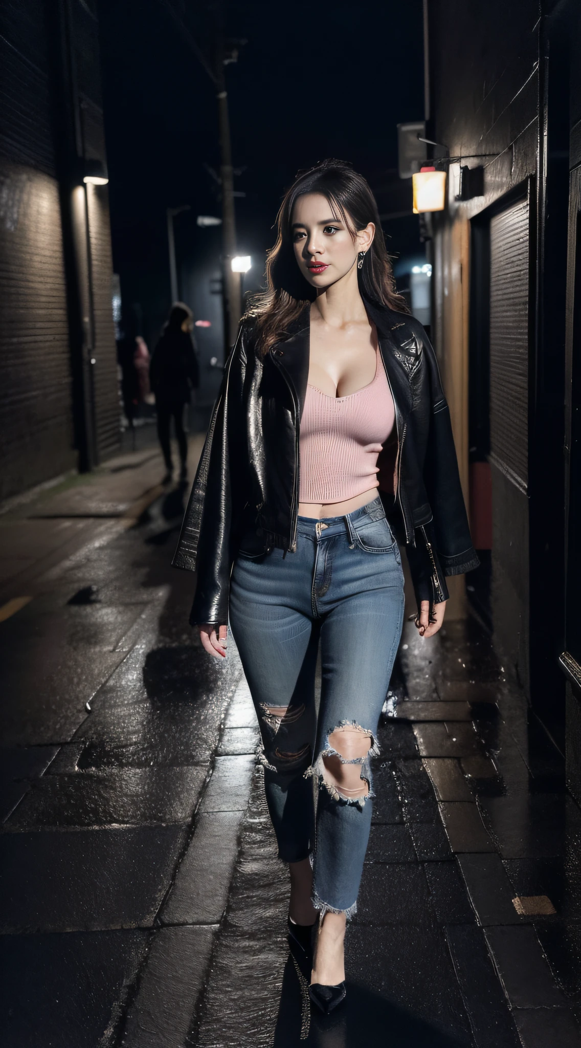 ((8k, RAW photo, highest quality, masterpiece), High detail RAW color photo professional photo, (realistic, photo realism:1. 37), (highest quality), (best shadow), (best illustration), ultra high resolution, highly detailed CG unified 8K wallpapers, physics-based rendering, cinematic lighting), sensual girl, (25 years old), black hair, ponytail, thin lips, red lips, make up detail, pink lips, eyeshadow, angry, (huge breast : 1.5), (walking) , black jacket, jeans, ((wet clothes, water seeps into the body)), smtall body, high heels, (rain), (midnight, in the dark, low light), in a narrow and dark alley