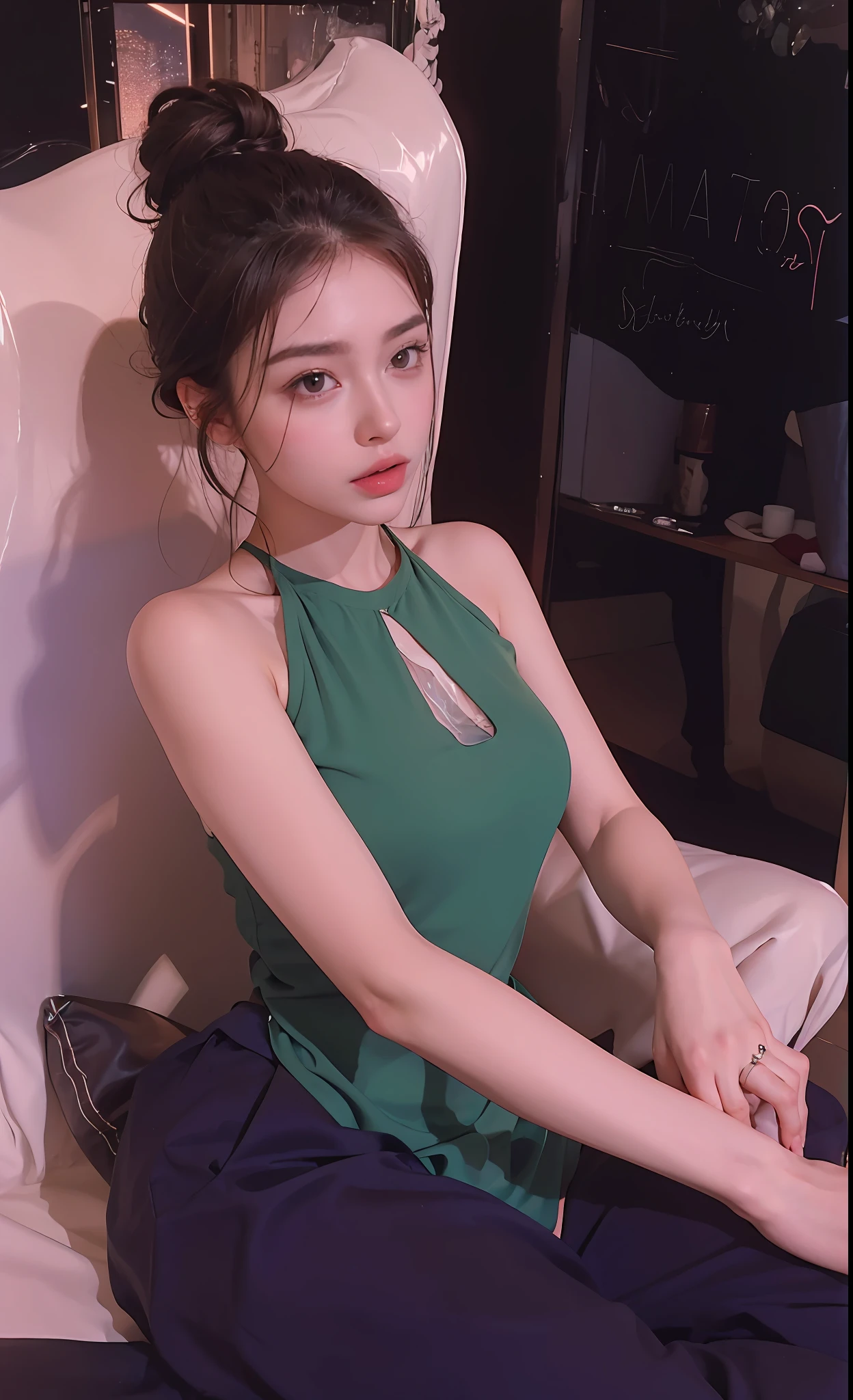 ((Realistic lighting, Best quality, 8K, Masterpiece: 1.3)), Clear focus: 1.8, 1 Pretty girl, Perfect beauty: 1.4, Slim abs: 1.1, ((dark brown hair)), exquisite facial features, white tight shirt open shirt, fantasy XIV, transparent white tight short skirts, slim figure, (indoor, Night: 1.1), hotel view, Super fine face, Fine eyes, Double eyelids,