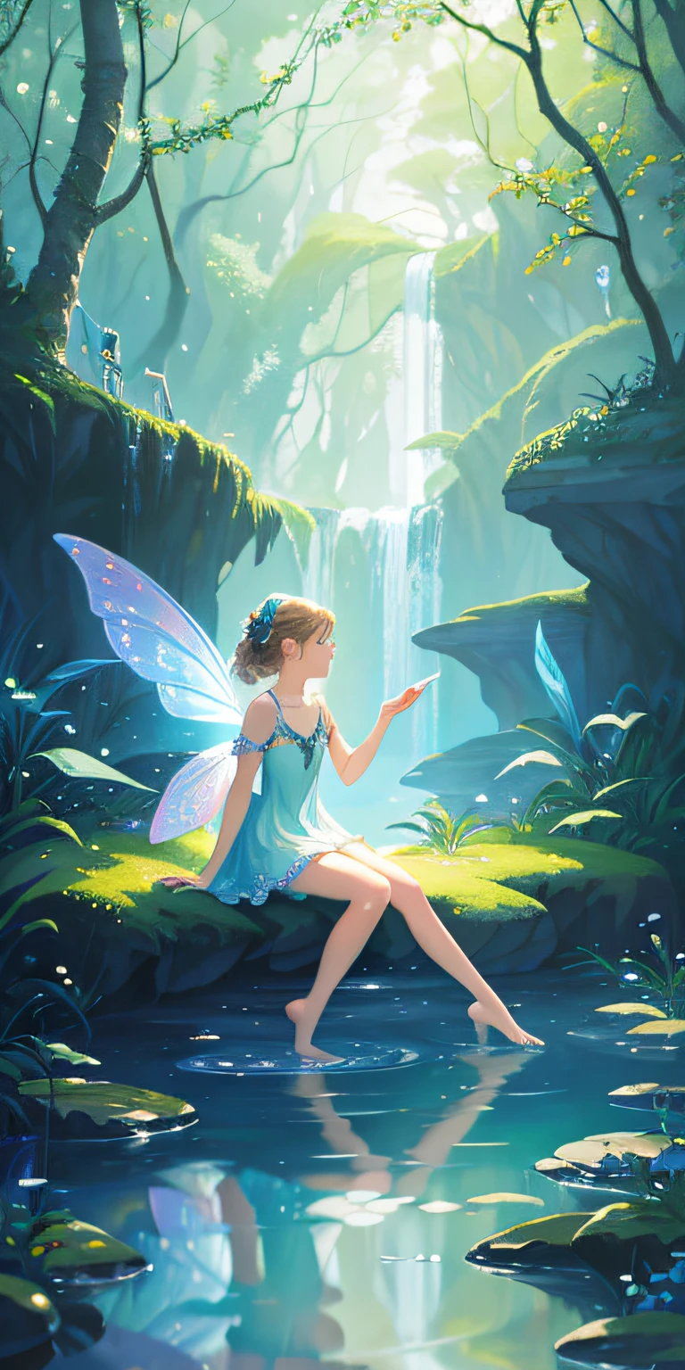 faeries, Dream painting, Brilliant colors, Soft light and shadow, Gorgeous fairy, Elegant gesture, Ethereal and ethereal, Magical scenes, finedetail，Feet soaked in water