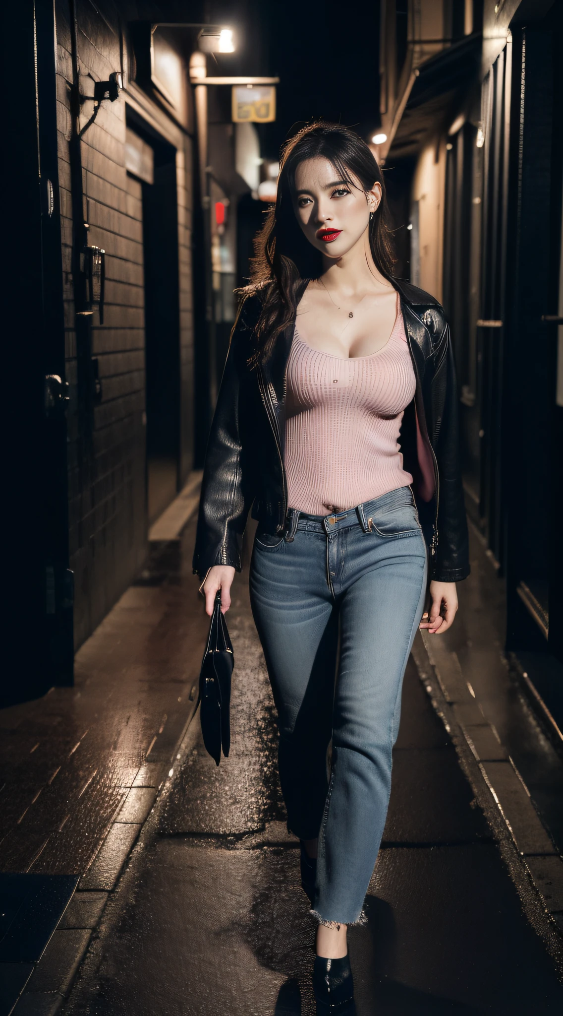 Full shot, full body portrait, happy beautiful woman aged 21, tall and slender very long red tight curly hair, red lips blue eyes, she is wearing a tight denim dress with a long slit in the skirt exposing her amazing legs and a leather biker jacket long tight curly red hair, 34b chest beautiful tanned legs, black choker around her neck standing on the street outside a bar at night, 8 k lighting, extremely photorealistic, uhd 4k highly detailed, ((ethereal lighting, ultra-high res.photorealistic:.1.4, (high detailed skin:1.2), 8k uhd, dslr, high quality, film grain, Fujifilm XT3,(masterpiece) (best quality) (detailed) (cinematic lighting) (sharp focus) (intricate)