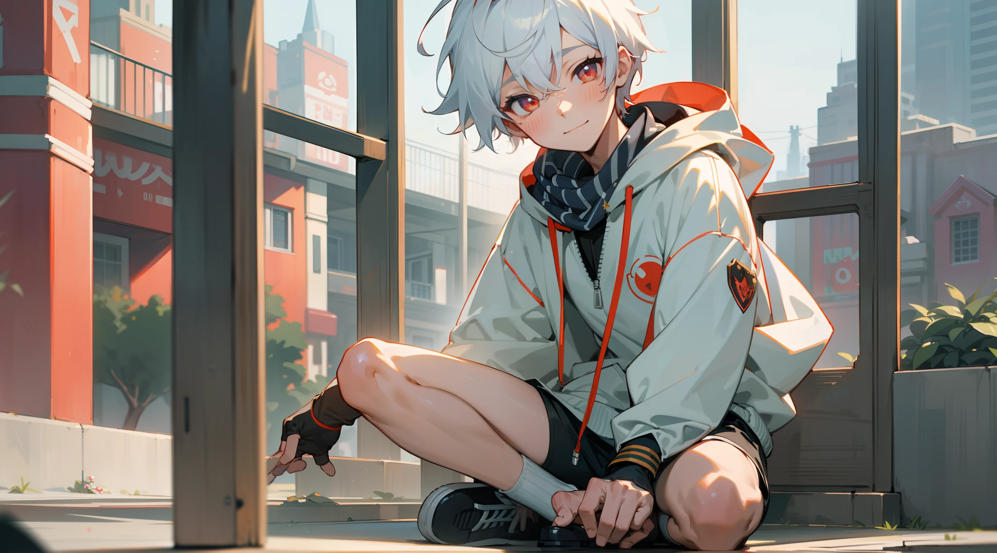 Depth of field,Beautiful detailed sky,Looking_at_Viewers,yaoi,Student,Male,Male focus,Libido boy,1boy,1 boy,Short hair,Striped hair,Hoodie,bike_Shorts,shoes,Socks,Scarf,Fingerless gloves,half gloves,Hood,sunglasses,Solo,Smile,Little boy,Shota,Sun,day,Cute face,gaming console_CG,Comic,Light blush,Anime face,A symbol of peace,Heart-shaped pupils,Red eyes,Glowing eyes,White hair,Very_Close_To_Viewers,Dynamic corner,Dramatic_Angle,Highly detailed,{Best quality}, {{Masterpiece}}, {A high resolution}, Original, Extremely detailed 8k wallpaper,Masterpiece, Best quality, illustration, Beautifully detailed eyes, Cinematic lighting,