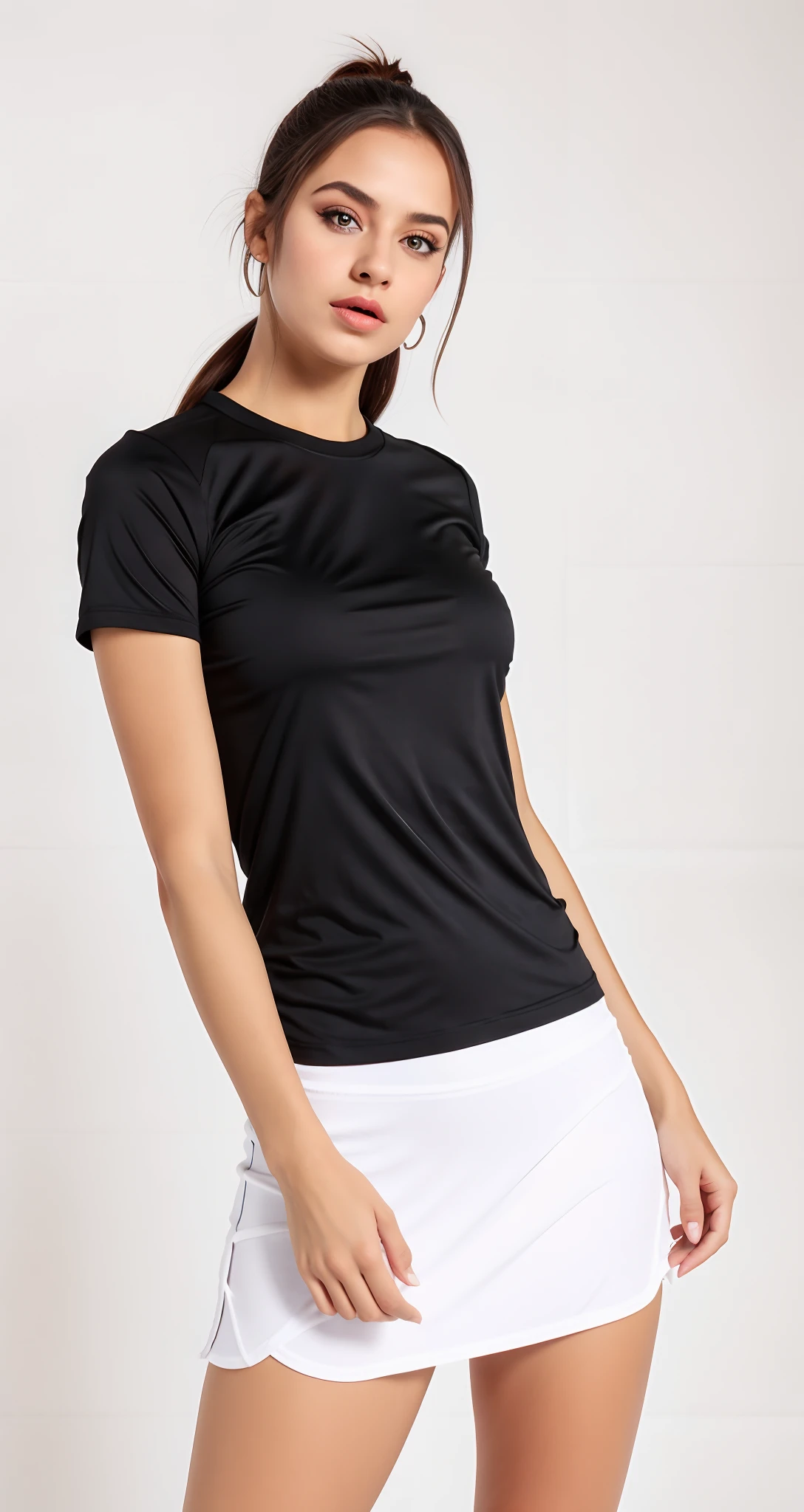 uma mulher linda de top preto e saia branca posando para uma foto, mangas curtas, tampo preto, camiseta preta, roupas esportivas, saia curta, usando uma saia curta esportiva, saia curta tem, camisa preta, usando roupas sexy, mini saia sexy, minissaia, camiseta esportiva, vestindo camiseta preta, camiseta, T - Camisa, camisa preta, roupas esportivas, tennis wear, Camiseta, T-shirt preta, camiseta preta