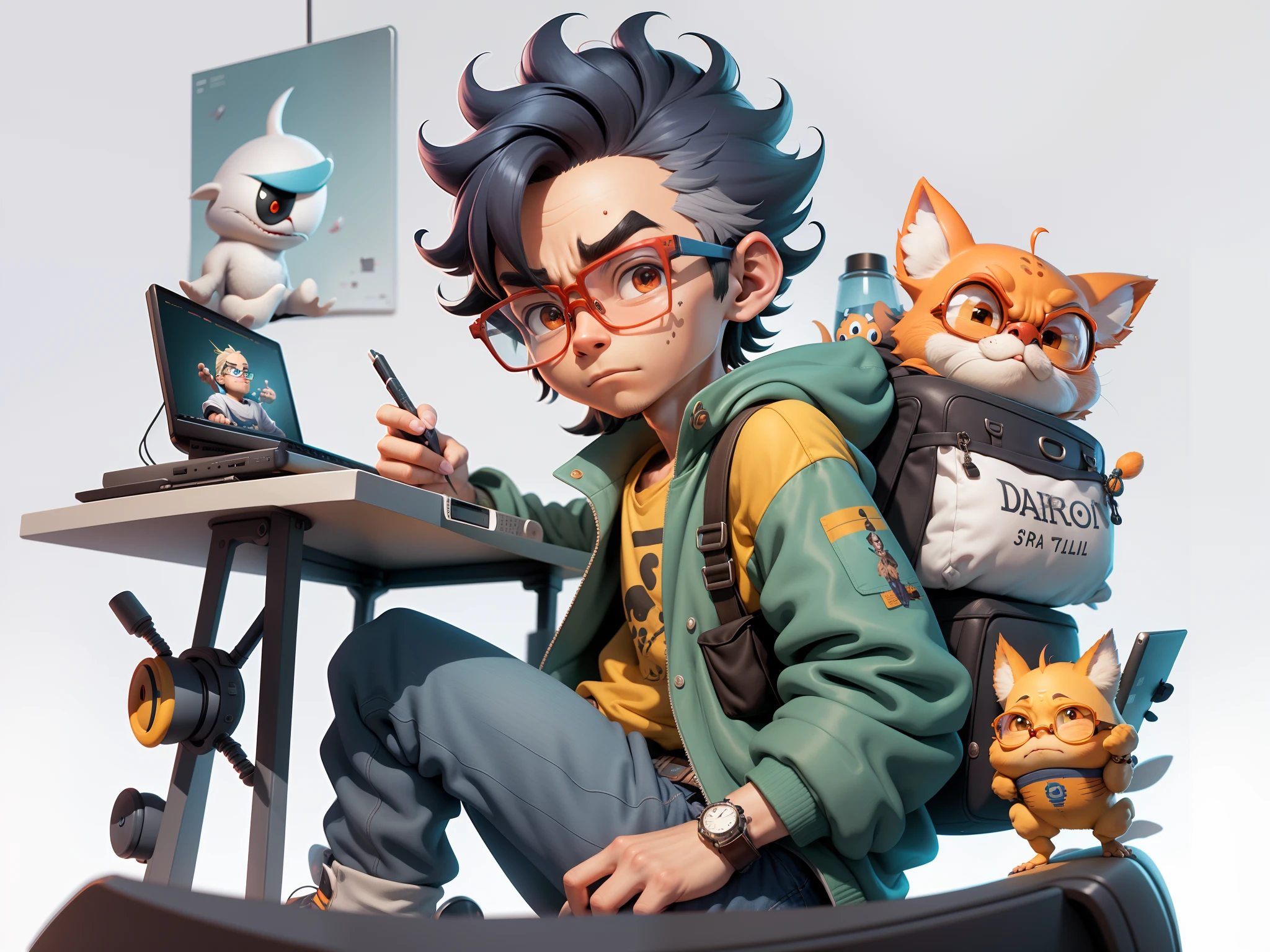 A young man with glasses sits at his desk,holding laptop,digitial painting,3D character design by Mark Clairen and Pixar and Hayao Miyazaki and Akira Toriyama,4K HD illustration,Very detailed facial features and cartoon-style visuals。