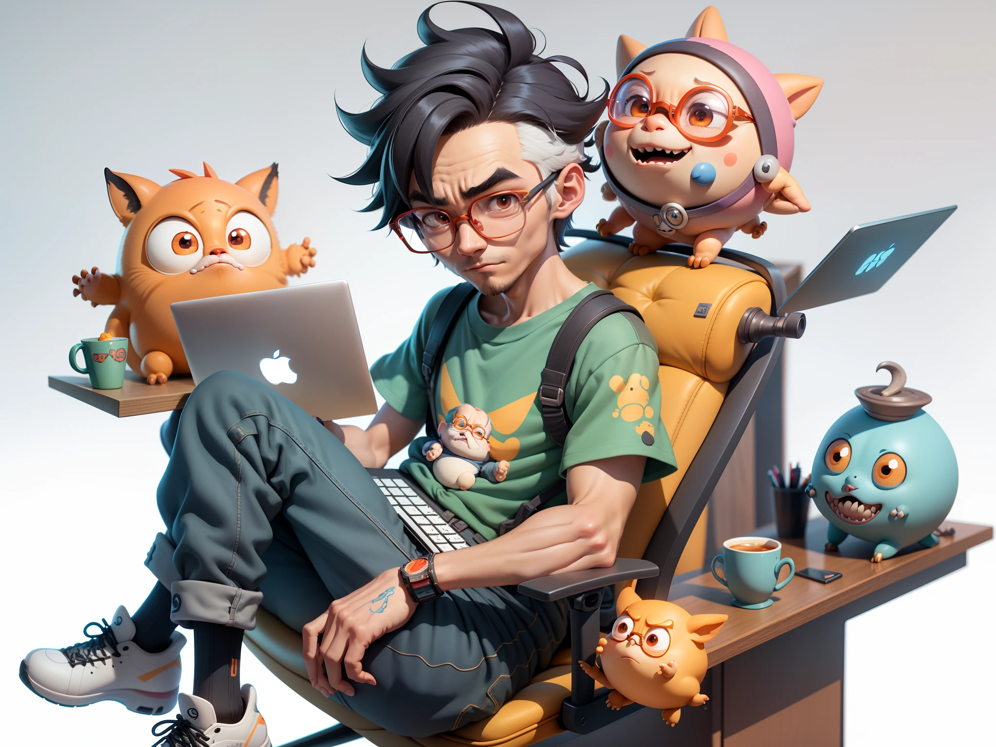 A young man with glasses sits at his desk，holding laptop，digitial painting，3D character design by Mark Clairen and Pixar and Hayao Miyazaki and Akira Toriyama，4K HD illustration，Very detailed facial features and cartoon-style visuals。