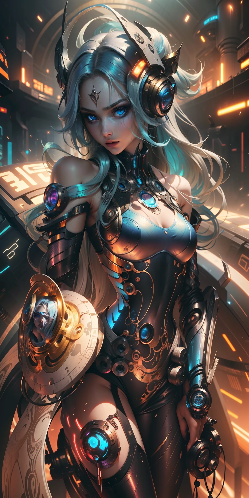 Masterpiece, Best Quality, Girls, Slender, Blue Eyes, Hair Color, Iridescent, Long Hair Spreading, White Skin, Medium, Cute, Sexy, Near Future, Cyberpunk, Bikini, Exposed Skin, Night, Psychedelic, Trip, Extreme Color, Paisley Theme, Open Legs, Mechanical Left Arm, Full Body
