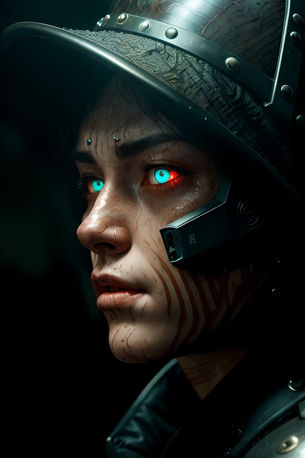 Movie, ((Face close up)), best quality, clear graphics, torch light, (The detail is clear to every hair on the face), 1girl, demonic, evil, nsfw, sexy woman, eye depth, (brother moons), (dead space) ,science fiction, (beautiful glowing red eyes), photo realistic, 20 megapixel, nikon d850, ((vibrant, photo realistic, realistic, dramatic, sharp focus, 8k)), (faded freckles:0.6), subsurface scattering, sharp, retouched, intricate detail, by Greg Rutkowski, by (Jeremy Lipking,:0.8), ((junji ito)), by ralph bakshi,((Silent Hill)), H.R. Giger, Beksinski, (intricate details:1.12), hdr, (intricate details, hyperdetailed:1.15), complex background, stuff in the background, highly detailed, (gloomy:1.3), dark, dimmed, hdr, vignette, grimy, (slate atmosphere:0.8)