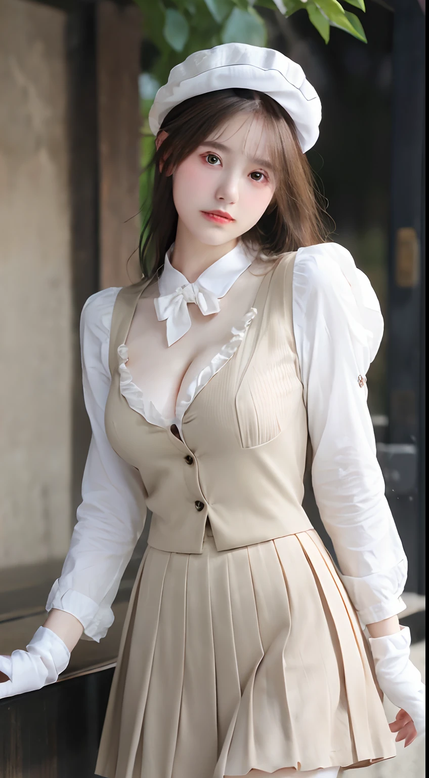 (masterpiece,best quality,highly detailed,extremely detailed CG unity 8k wallpaper,illustration,highres,absurdres,realistic,photo-realistic,RAW photo,amazingfinely detail,award winning photo,high quality, high details, hyper detailed),
1 girl, ((pleated skirt)),((white pantyhose)),(white gloves),(dress),(detached sleeves),(ribbon-trimmed sleeves),hair flower,(Women's small formal hat:1.25),(sweet_lolita),(hair ribbon:1.15),(long hair),
(Beautiful designs, extremely detailed clothing,tactile appeal),
Random hairstyle,slim legs,delicate and pretty,perfect face,beautiful detailed eyes,fair skin,real human skin,pore,(medium_breasts:1.5),