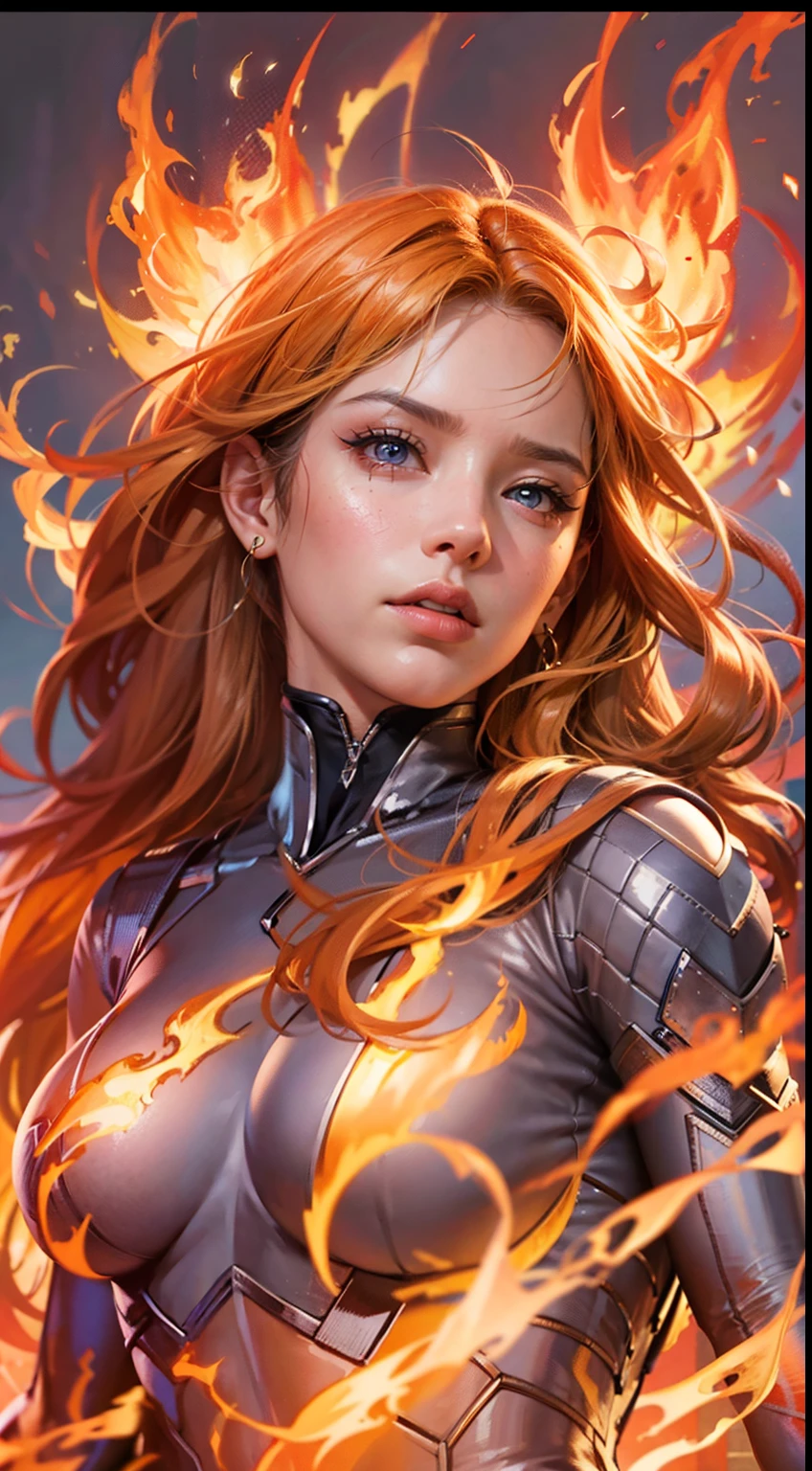 Marvel Fantastic Four， The female version of Thunderfire，Fly in the sky，angry look，The whole body is on fire，flame magic，The body was on fire🔥，The body glows and heats，The flames spread，The fire burst into the sky，Fire，Burn characters，The fire magic effect is fired on the hand，Mixed Chinese and American races，The background is blurred out，focal，电影灯光，(((tmasterpiece))), ((best qualtiy)), ((Complex and detailed)), ((ultra-realistic realism)), Ridiculous resolution, A MILF, Mature woman, ssee-through, highly  detailed, illustratio, 1girll, (mediuml breasts), Thin waist and thick hips，long leges，beatiful detailed eyes, short detailed hair, flaming hair, a purple eye, (Superhero uniforms:1.2), seminude，tightsuit，Sexy and feminine，perfect bodies，Sexy attire，Human Torch，（No underwear），pantiess, detailed back ground, perfect  eyes, Seductive eye, （nice hand），Detail hands，looking at viewert，From the front，Wear light，（Fantastic Four），