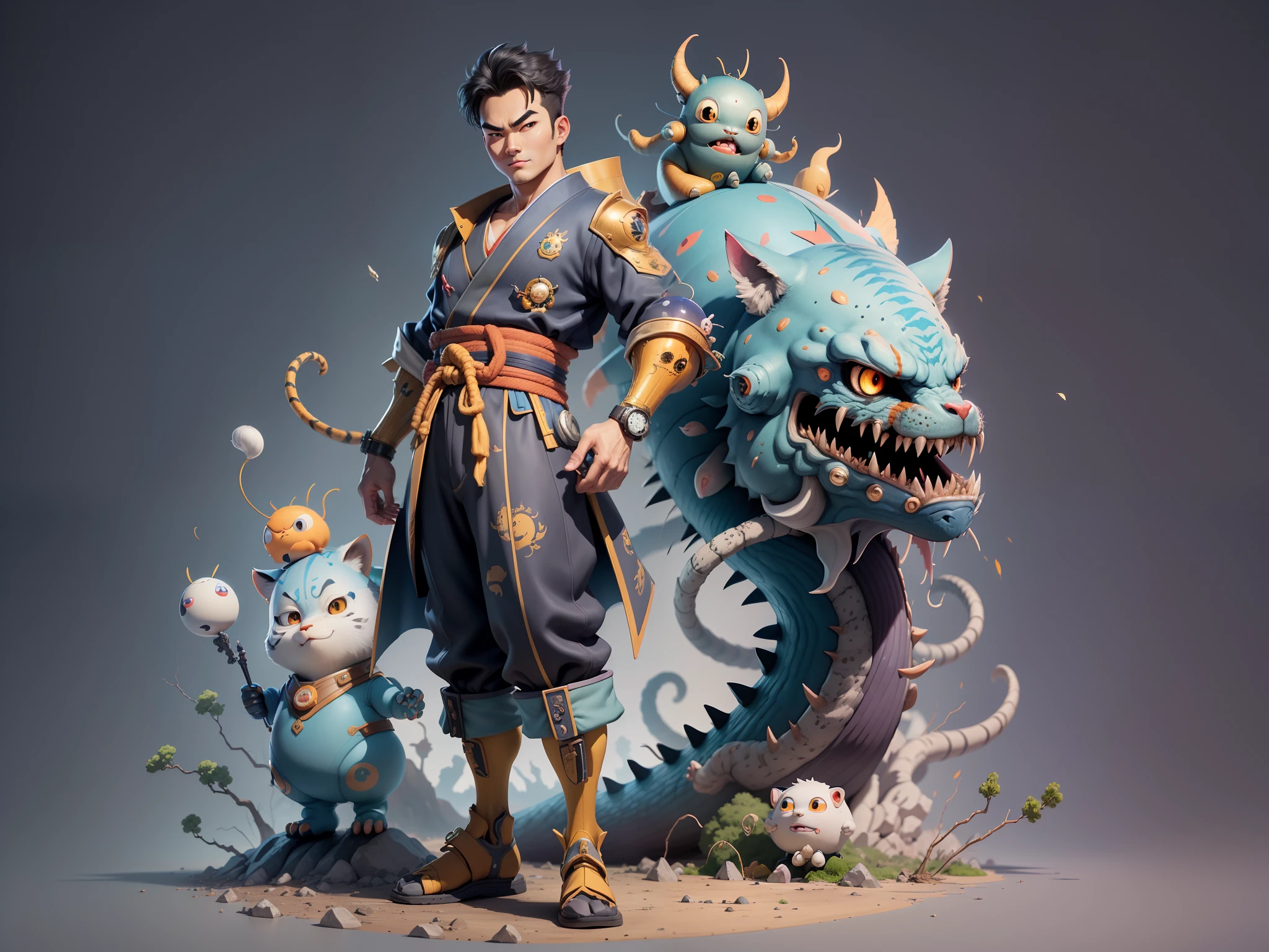 (Masterpiece), (Excellent), (Super Meticulous), (Full Body: 1.2), Super Young Man, Oriental Face, Japanese Kimono, Japanese Wind Thunder God, Dragon, Tiger, TV Anchor, Bust Portrait Illustration, Alone, Black Suit, Blue Tie, Slightly Chubby Face, Very Clean Face, No Beard, Black Super Short Hair, Black Eyes, Confident Smile, 3c Computer Sub-Products, iPad, iPhone, Digital Painting, 3D Character Design by Akira Toriyama and Mark Claireden and Pixar and Hayao Miyazaki, The illustration is a high-definition illustration in 4K resolution with very detailed facial features and cartoon-style visuals.