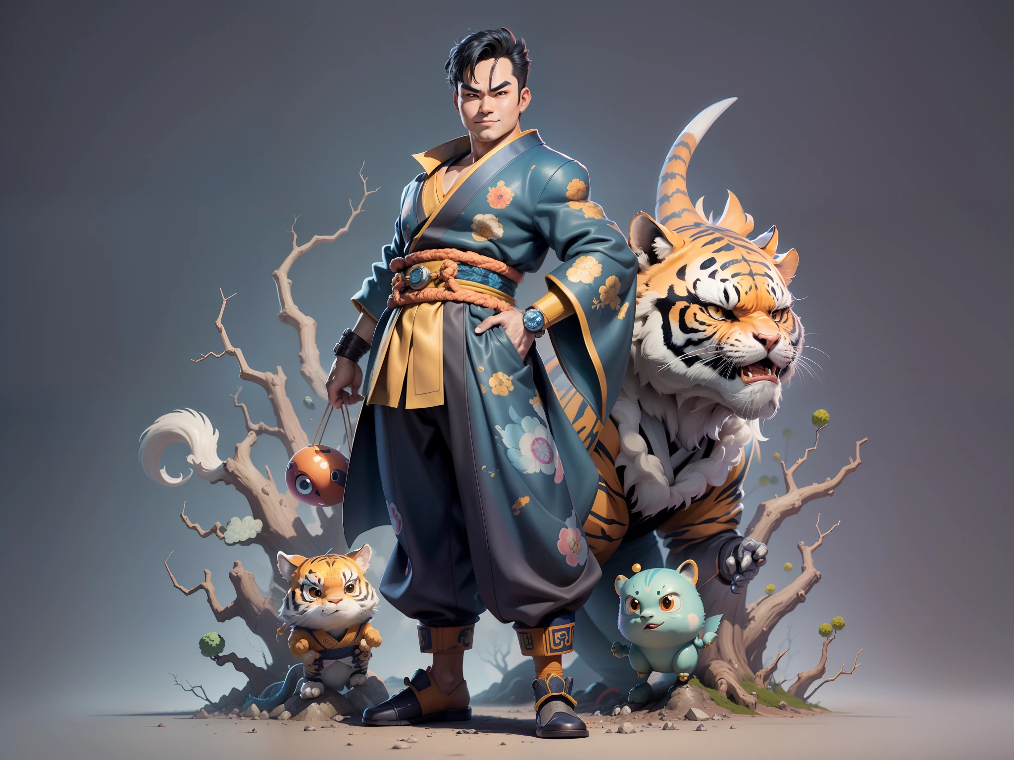 (Masterpiece), (Excellent), (Super Meticulous), (Full Body: 1.2), Super Young Man, Oriental Face, Japanese Kimono, Japanese Wind Thunder God, Dragon, Tiger, TV Anchor, Bust Portrait Illustration, Alone, Black Suit, Blue Tie, Slightly Chubby Face, Very Clean Face, No Beard, Black Super Short Hair, Black Eyes, Confident Smile, 3c Computer Sub-Products, iPad, iPhone, Digital Painting, 3D Character Design by Akira Toriyama and Mark Claireden and Pixar and Hayao Miyazaki, The illustration is a high-definition illustration in 4K resolution with very detailed facial features and cartoon-style visuals.