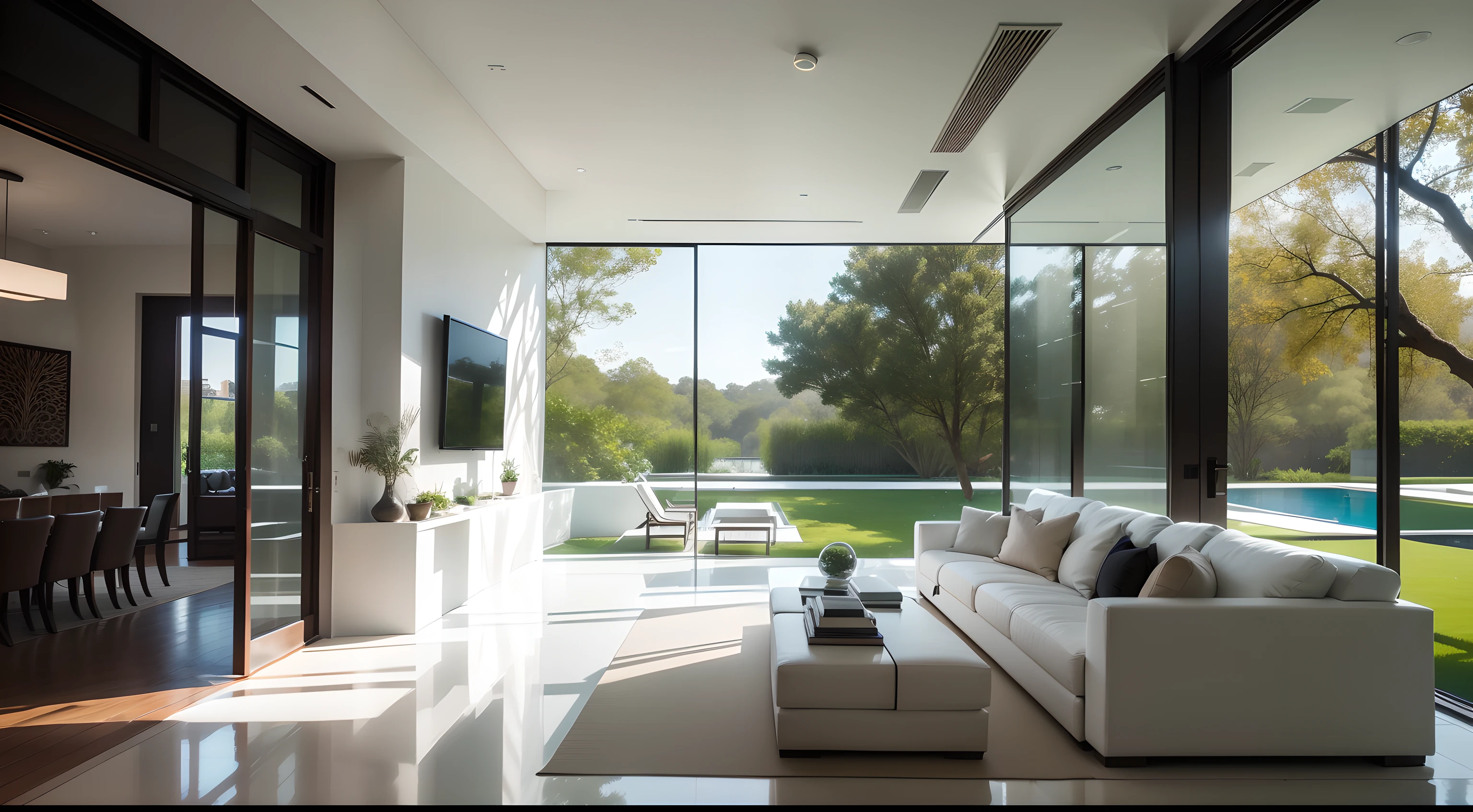 Portrays a contemporary white interior seamlessly merging with a lush backyard oasis. Highlight the expansive glass windows that invite the beauty of nature indoors, forming a harmonious connection between the interior and the outdoor landscape.
