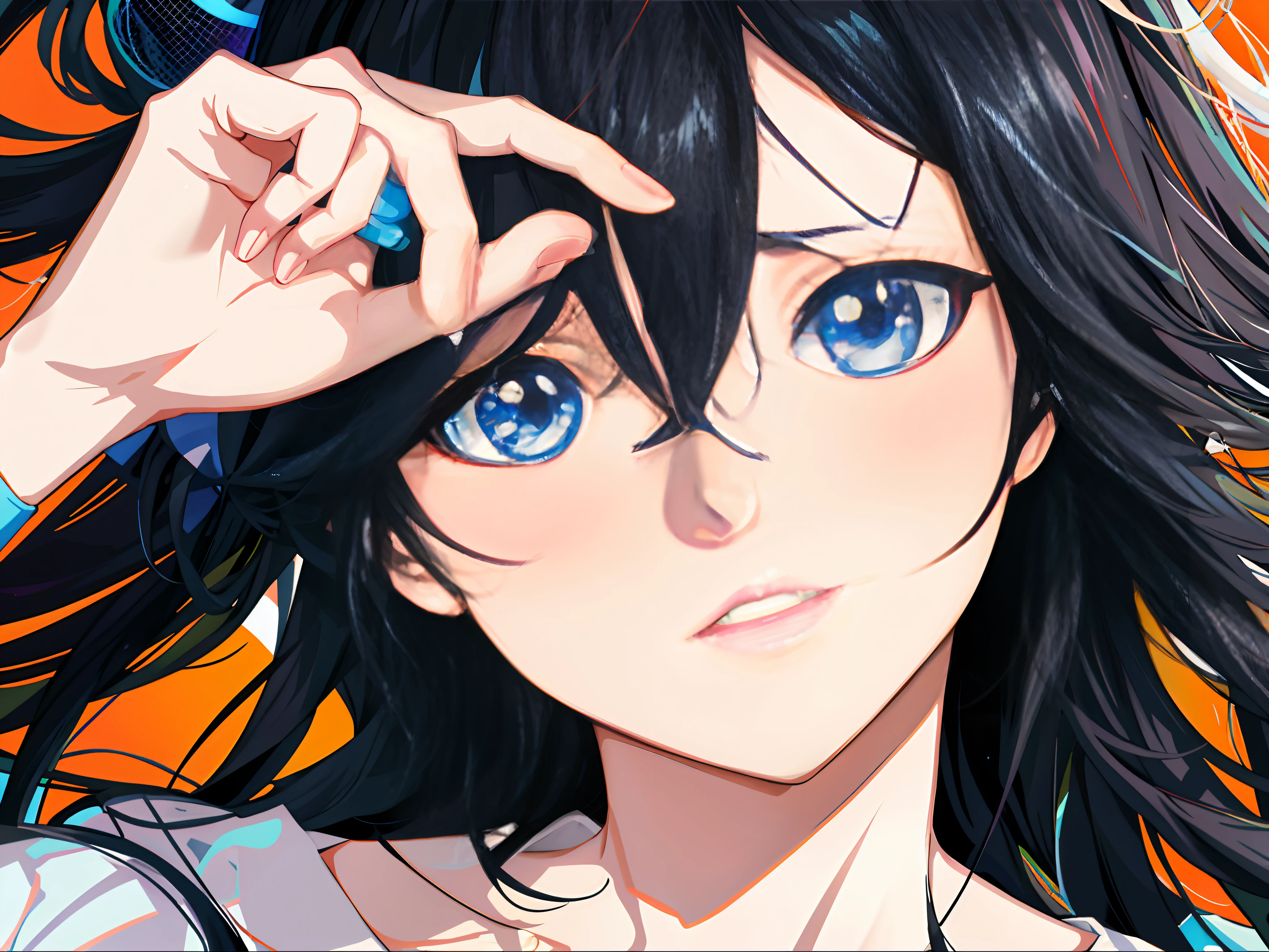 Anime girl with blue eyes and black hair puts her hands on her head, Detailed digital anime art, Anime moe art style, style of anime4 K, detailed portrait of an anime girl, Stunning anime face portrait, Digital anime art, Anime art wallpaper 4k, Anime style portrait, Anime art wallpaper 4 K, Digital anime art!!, black anime pupils in her eyes