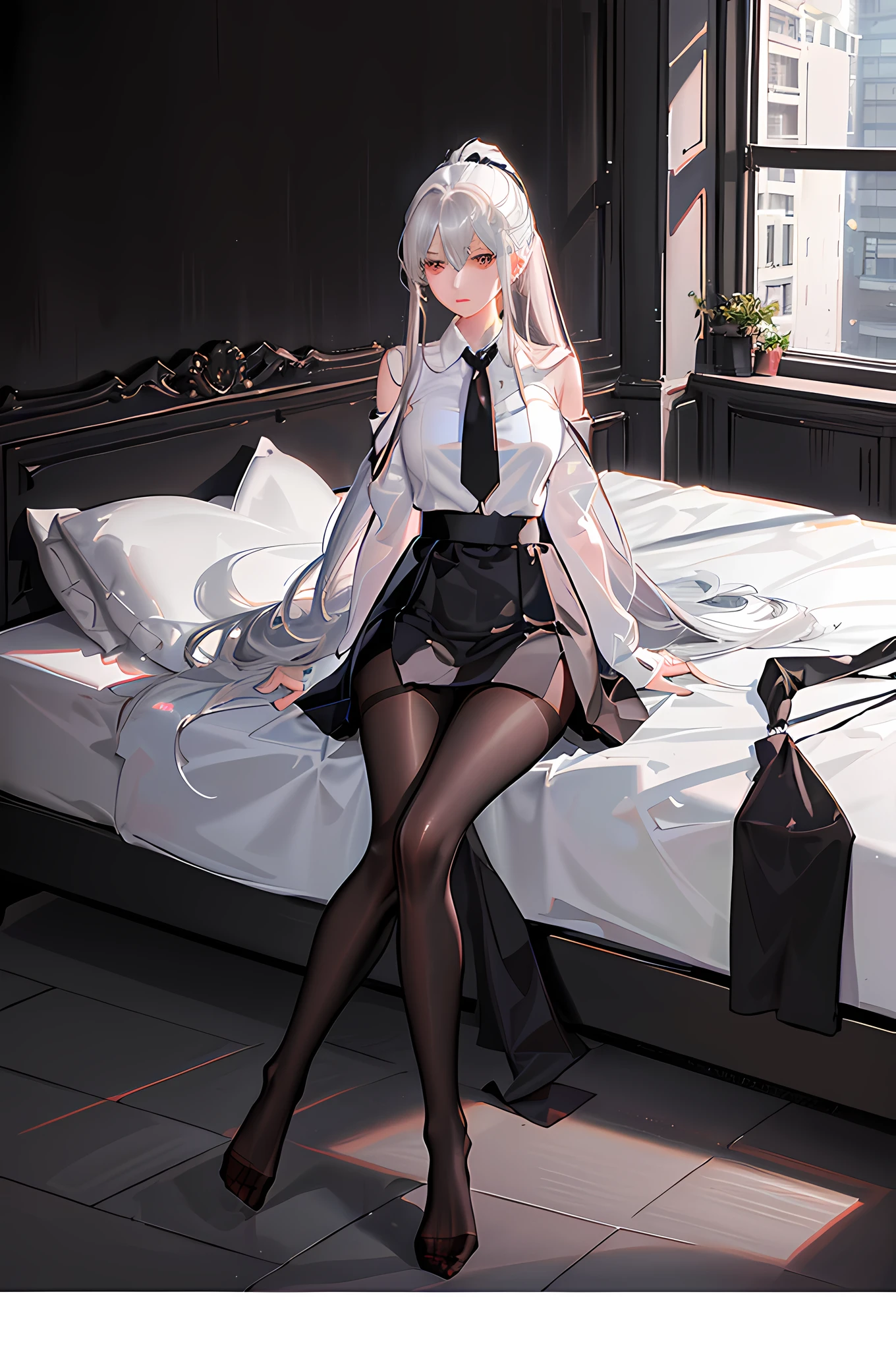 (((1 girl)),Ray tracing,(dim lights),[Detailed background (bedroom)),((silver hair)),((silver hair)),(Fluffy silver hair, plump and slim girl))) high ponytail))) Avoid golden eyes in the ominous bedroom ((((girl wearing a white shirt, Black wrinkled skirt with black transparent pantyhose), Show off your exquisite figure and graceful curves, correct limbs, sitting on bed,Put your hands behind your head, put your hands on,Pull your legs apart