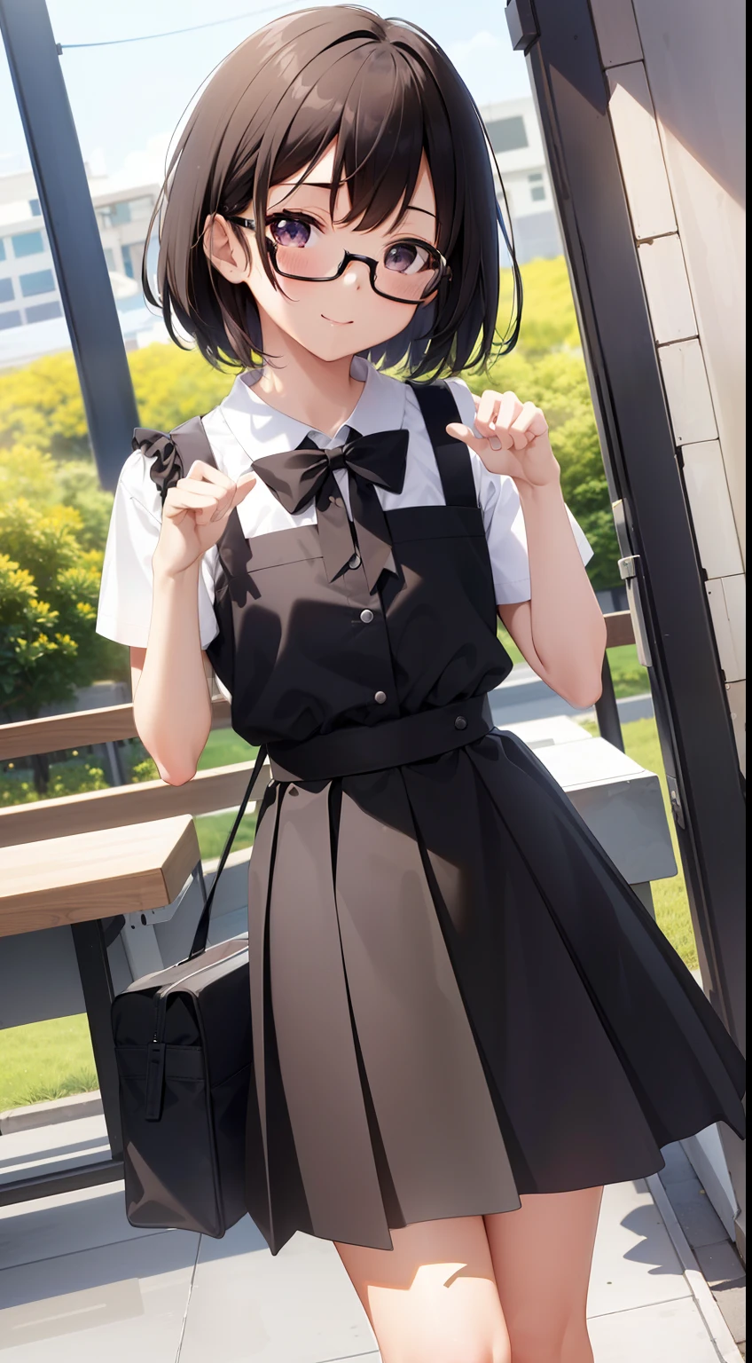 (masutepiece, Best Quality, Capture super cute moments, depth of fields, ultra-detailliert, Ultra High Resolution, C4D, Octadale, 3D Modeling, 8K, 16 K, girl with、a junior high school student、A dark-haired、short-hair、straight haired、Light brown eyes、hair adornments、wearing black glasses、cute face)、Short sleeved white lace shirt、plaid skirts、cafes、paw pose