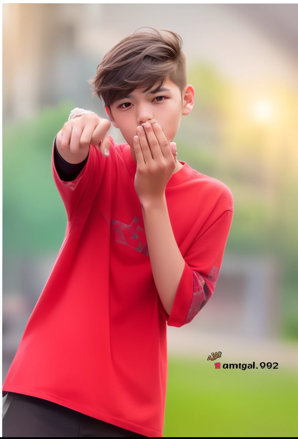 "Adorable 17-year-old AI-generated teenage boy with a realistic, highly detailed face. Masterpiece quality image featuring the character with his hand on his mouth, 8k , High resolution, realistic face, High quality eyes, detailed eyes