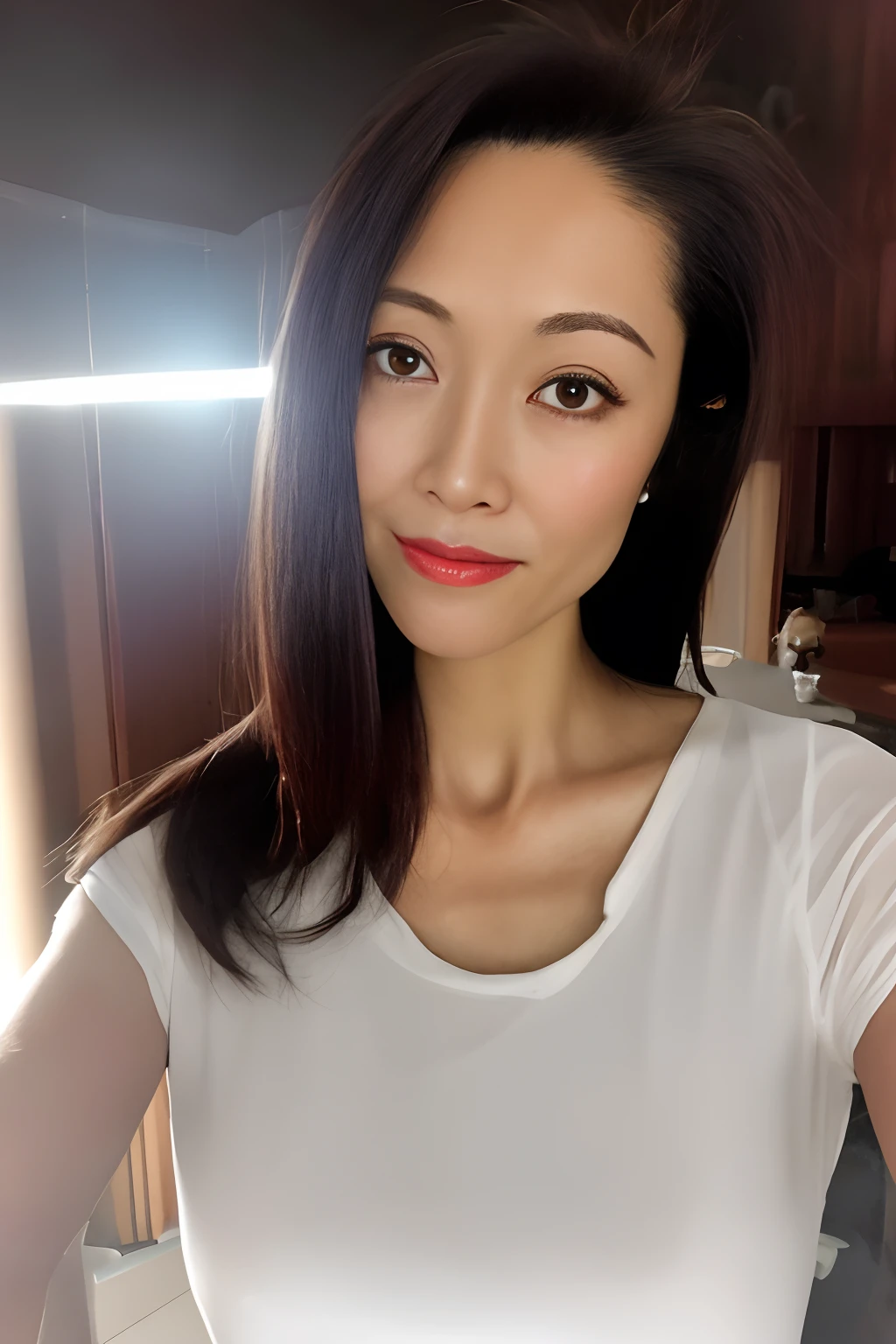 1girl in、Super beautiful Japan woman in her 40s、Sheer、Sensual look、real looking skin、Colossal tits、Fashion Model Body Type、Darklet、Focus on the eyes、mascara、lipsticks、pube、Constricted waist、Dark gray background