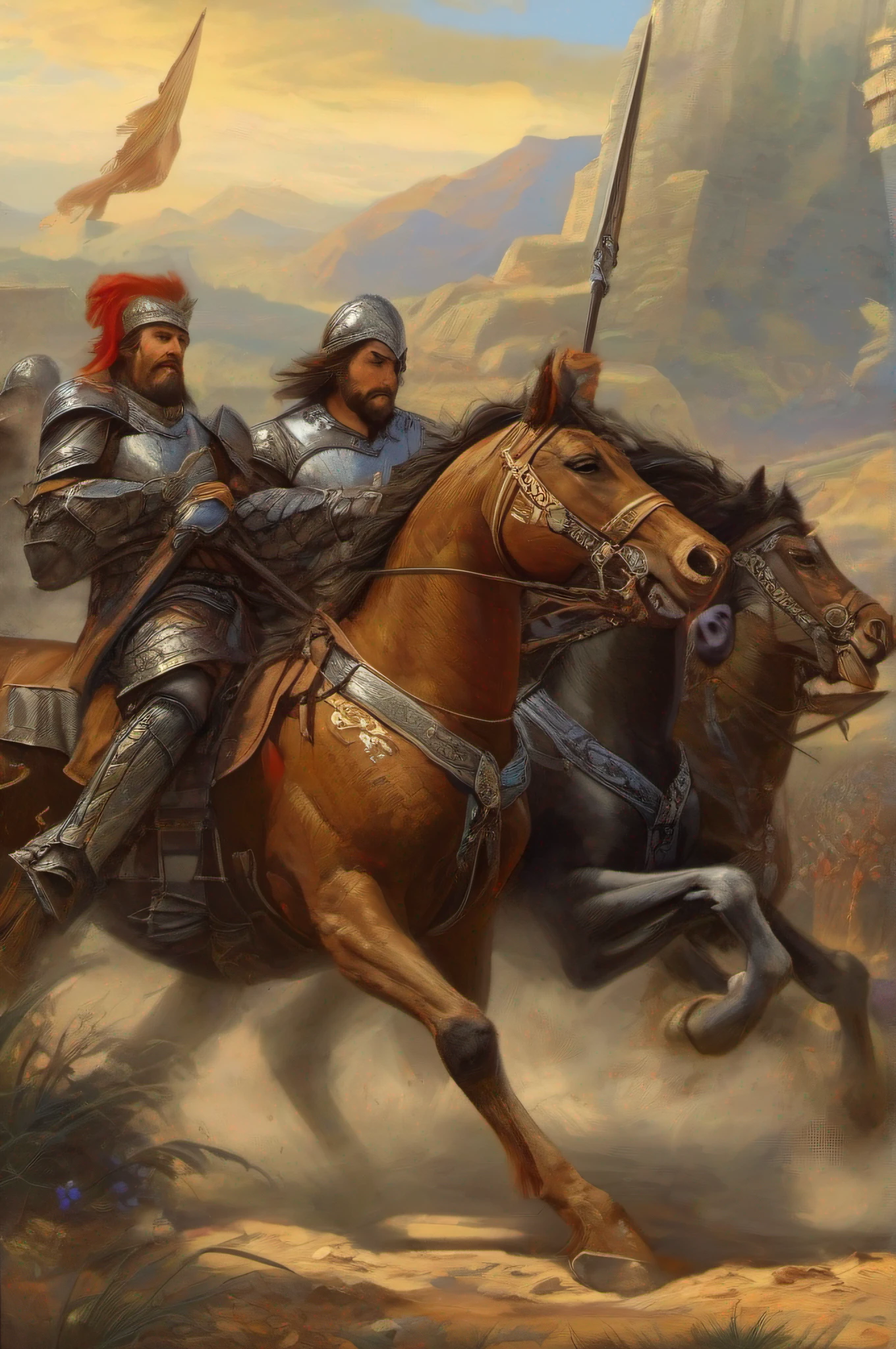 Hay muchos hombres con armadura montando caballos en un campo, Cavalry charge, medieval fantasy art, heavy cavalry, medieval fantasy game art, cavalry, Caballeros en batalla, High quality fantasy art, High fantasy illustration, epic fantasy illustration, por Artur Tarnowski, tyler edlin fantasy art, graphic artist magali villeneuve, Dungeons anD Dragons Arte De fantasía