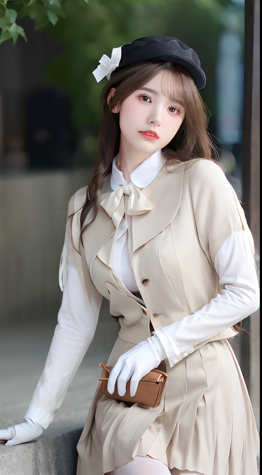 (masterpiece,best quality,highly detailed,extremely detailed CG unity 8k wallpaper,illustration,highres,absurdres,realistic,photo-realistic,RAW photo,amazingfinely detail,award winning photo,high quality, high details, hyper detailed),
1 girl, ((pleated skirt)),((white pantyhose)),(white gloves),(dress),(detached sleeves),(ribbon-trimmed sleeves),hair flower,(Women's small formal hat:1.25),(sweet_ta),(hair ribbon:1.15),(long hair),
(Beautiful designs, extremely detailed clothing,tactile appeal),
Random hairstyle,slim legs,delicate and pretty,perfect face,beautiful detailed eyes,fair skin,real human skin,pore,(medium_breasts:1.5),