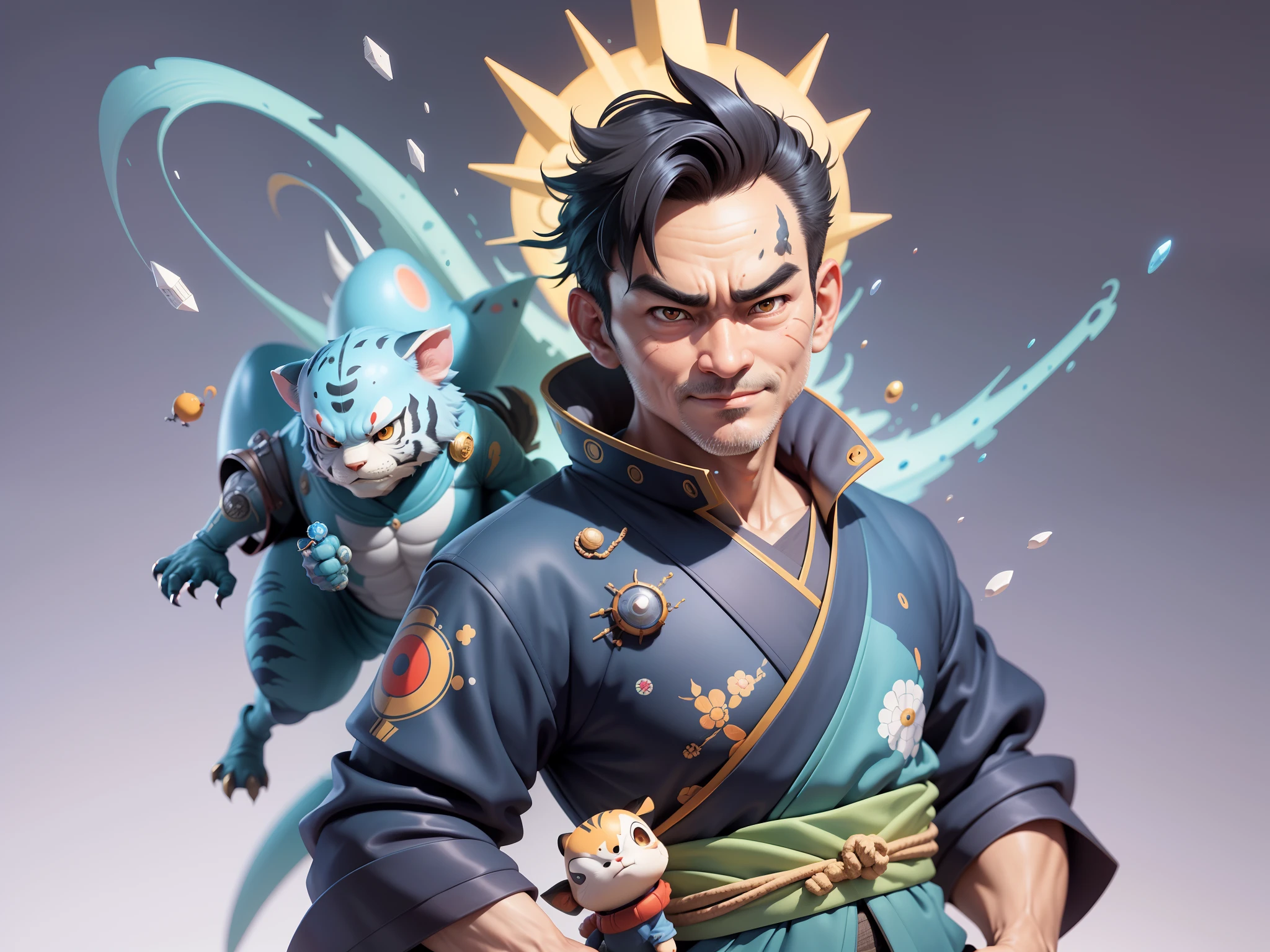 (Masterpiece), (Excellent), (Super Meticulous), (Full Body: 1.2), Super Young Man, Oriental Face, Japanese Kimono, Japanese Wind Thunder God, Dragon, Tiger, TV Anchor, Bust Portrait Illustration, Alone, Black Suit, Blue Tie, Slightly Chubby Face, Very Clean Face, No Beard, Black Super Short Hair, Black Eyes, Confident Smile, 3c Computer Sub-Products, iPad, iPhone, Digital Painting, 3D Character Design by Akira Toriyama and Mark Claireden and Pixar and Hayao Miyazaki, The illustration is a high-definition illustration in 4K resolution with very detailed facial features and cartoon-style visuals.