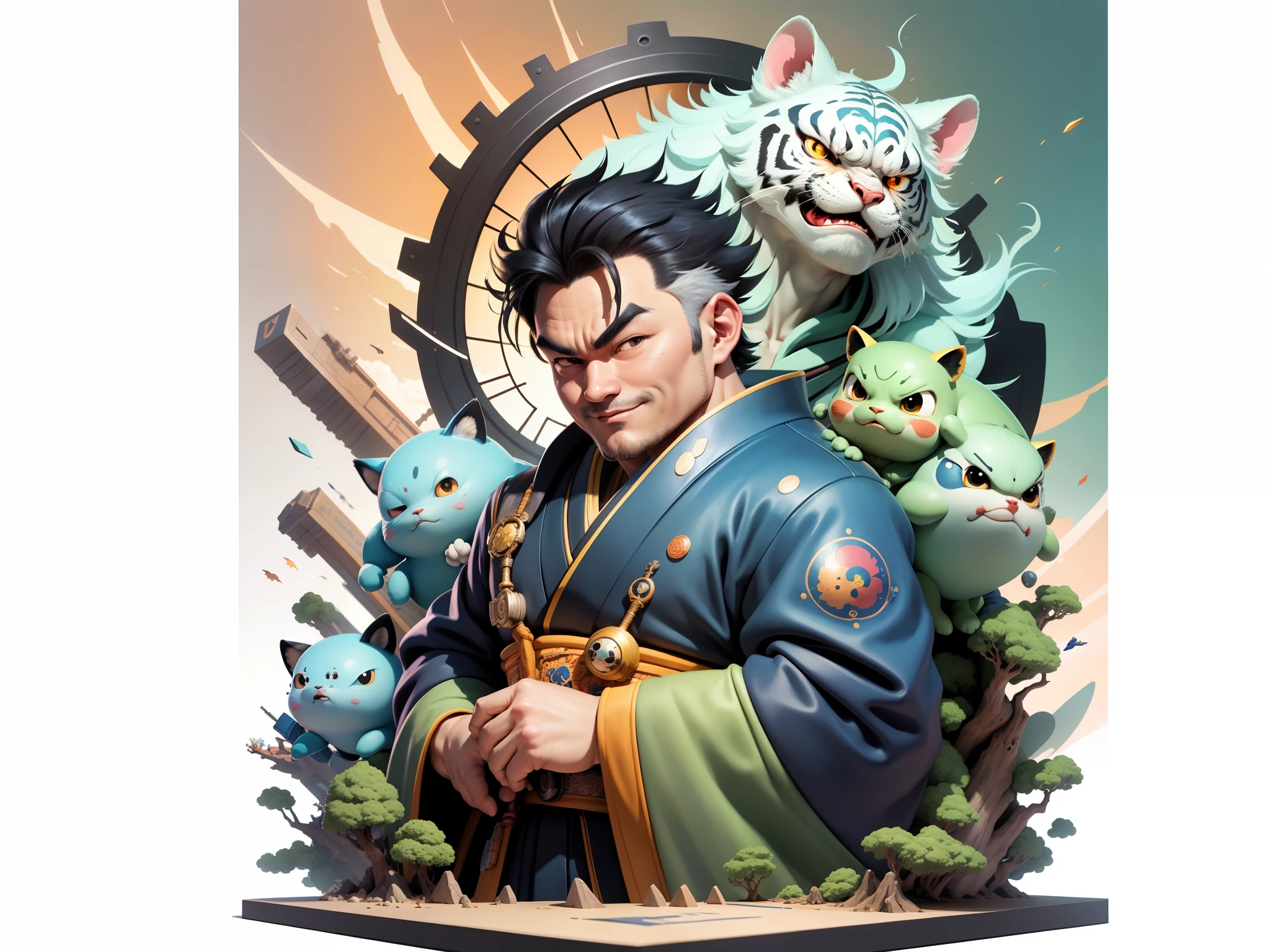 (Masterpiece), (Excellent), (Super Meticulous), (Full Body: 1.2), Super Young Man, Oriental Face, Japanese Kimono, Japanese Wind Thunder God, Dragon, Tiger, TV Anchor, Bust Portrait Illustration, Alone, Black Suit, Blue Tie, Slightly Chubby Face, Very Clean Face, No Beard, Black Super Short Hair, Black Eyes, Confident Smile, 3c Computer Sub-Products, iPad, iPhone, Digital Painting, 3D Character Design by Akira Toriyama and Mark Claireden and Pixar and Hayao Miyazaki, The illustration is a high-definition illustration in 4K resolution with very detailed facial features and cartoon-style visuals.