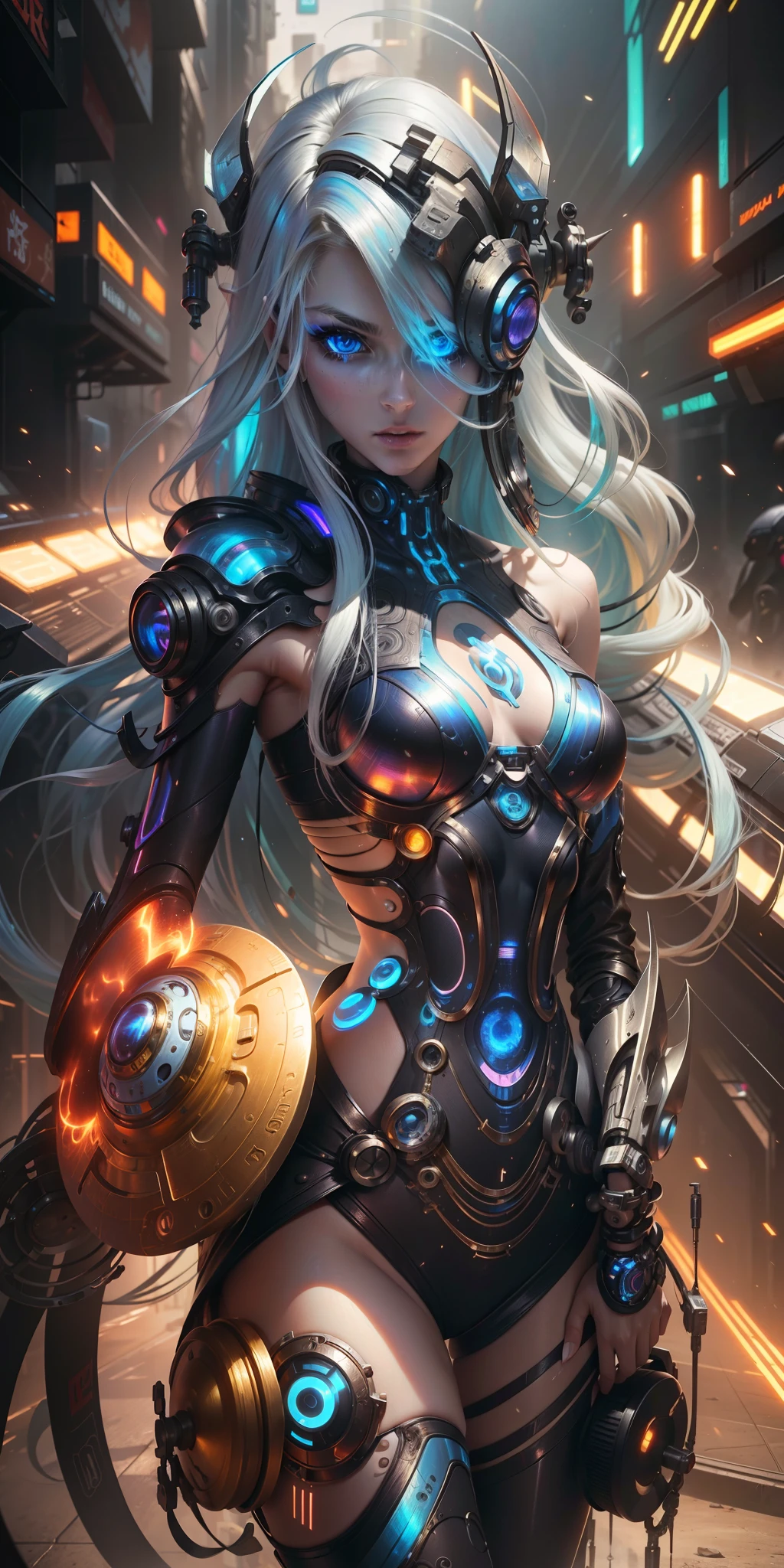 Masterpiece, Best Quality, Girls, Slender, Blue Eyes, Hair Color, Iridescent, Long Hair Spreading, White Skin, Medium, Cute, Sexy, Near Future, Cyberpunk, Bikini, Exposed Skin, Night, Psychedelic, Trip, Extreme Color, Paisley Theme, Open Legs, Mechanical Left Arm, Full Body