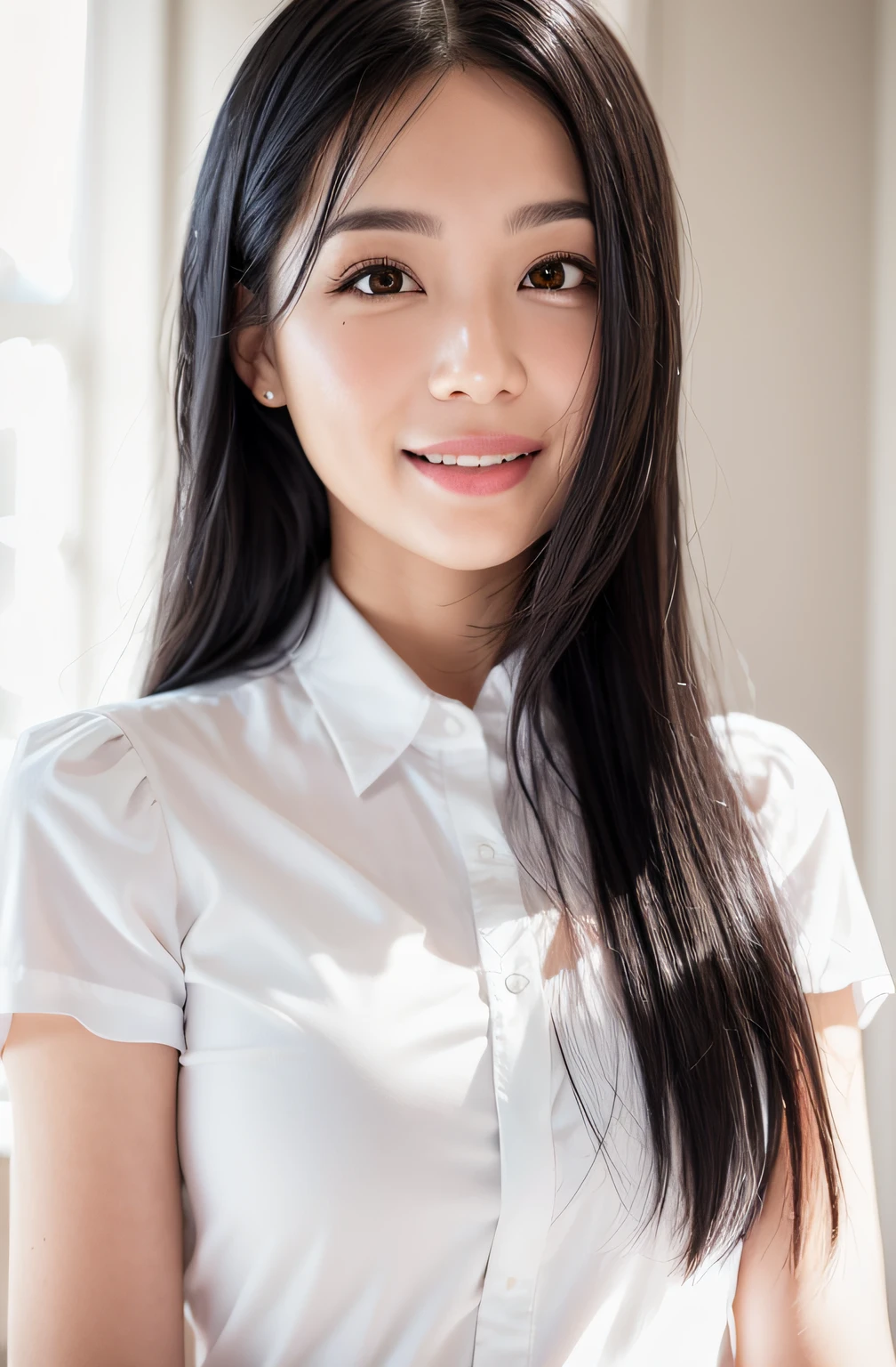 Smiling woman with black hair in white shirt