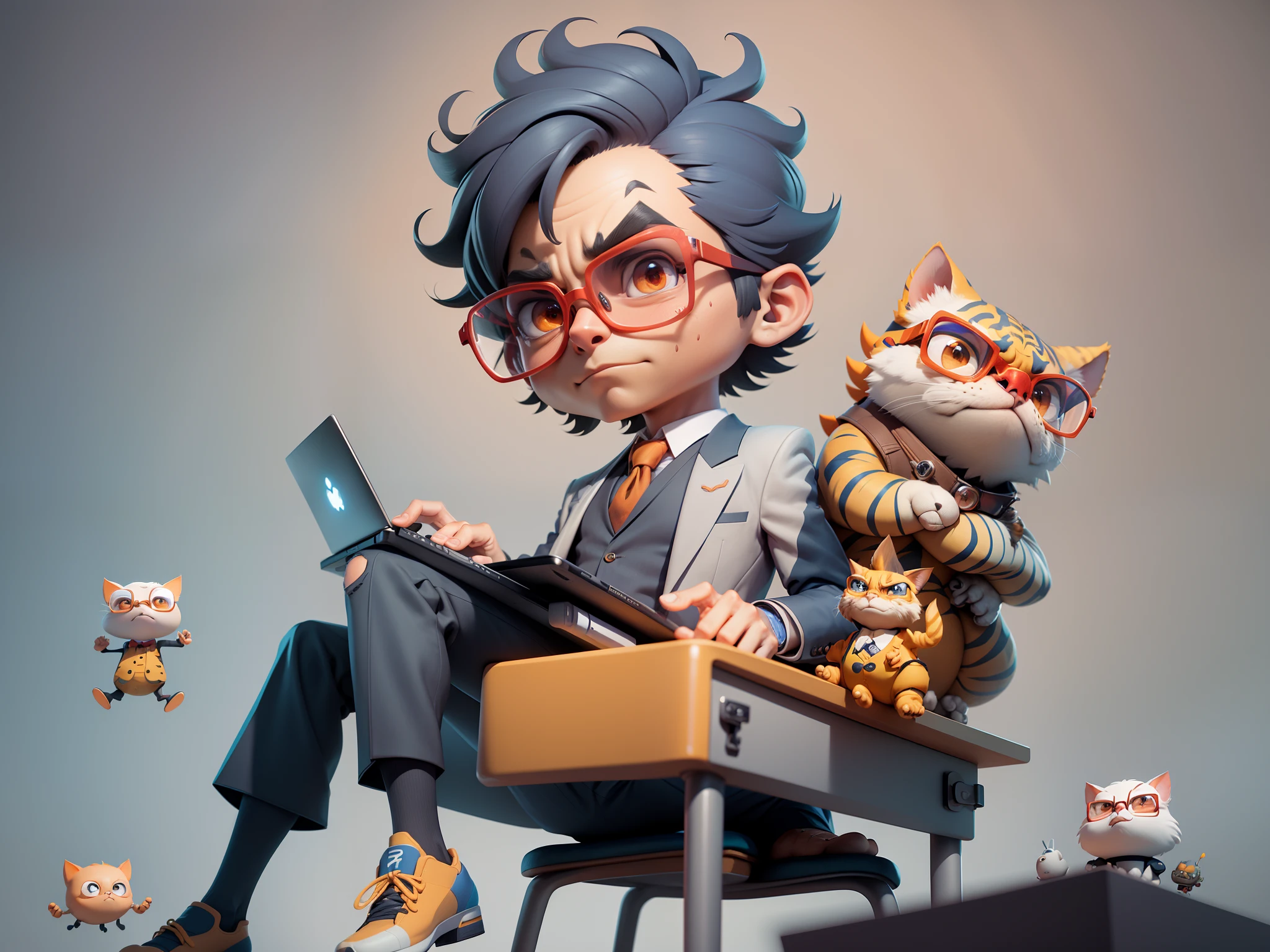 A young man in a suit, Short hair and glasses sat at his desk，holding laptop，digitial painting，tigre，3D character design by Mark Clairen and Pixar and Hayao Miyazaki and Akira Toriyama，4K HD illustration，Very detailed facial features and cartoon-style visuals。