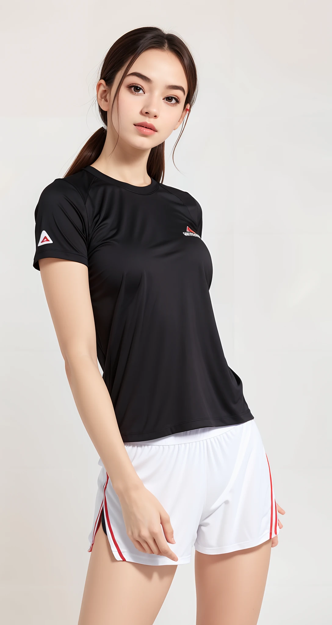 uma mulher linda de top preto e saia branca posando para uma foto, mangas curtas, tampo preto, camiseta preta, roupas esportivas, saia curta, usando uma saia curta esportiva, saia curta tem, camisa preta, usando roupas sexy, mini saia sexy, minissaia, camiseta esportiva, vestindo camiseta preta, camiseta, T - Camisa, camisa preta, roupas esportivas, tennis wear, Camiseta, T-shirt preta, camiseta preta