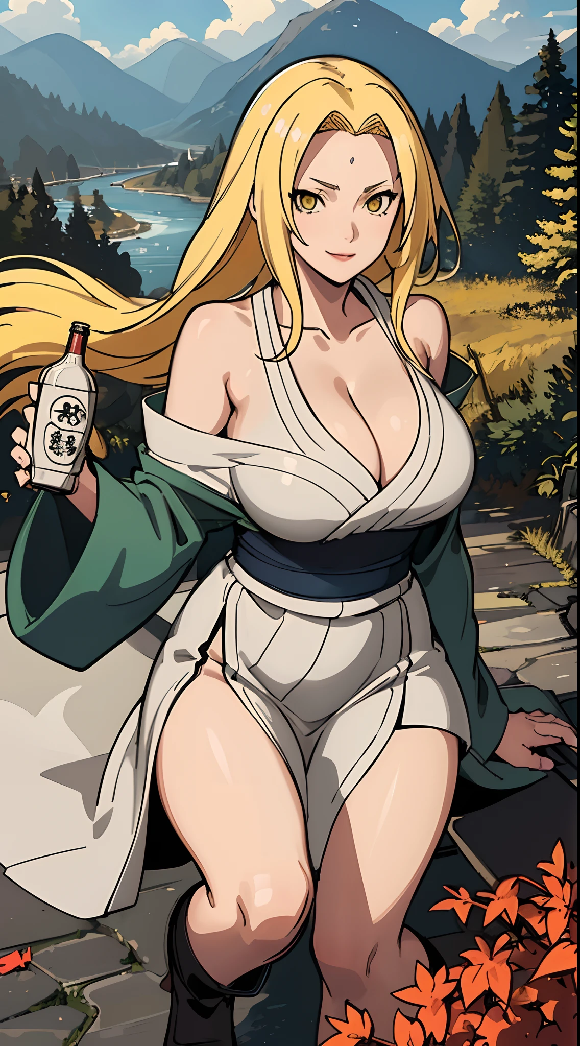TsunadeNS, tsunade_senju, woman delicate, beautiful fingers, beautiful bright eyes, delicate hands, impossible clothes, taut shirt, thighs, sweet, (best illumination, an extremely delicate and beautiful), (exceptional, best aesthetic, new, newest, extremely detailed, anime:1.2), intricate_detail, official art, finely detailed beautiful face, overexposure, 1girl, solo, huge and saggy breasts, kimono, cleavage, smile, (depth of field), full body, (yellow hair:1.4), lips, alcohol, bottle, sake_bottle, cup, holding, off_shoulder, (masterpiece), (best quality), (ultra-detailed), sharp focus, detailed face, ((perfect anatomy)), long hair, (arm + hand + 1_thumb), Five fingers each, perfect hands, (best shadow), high-resolution illustration, 8k, dark intense shadows, high resolution, (beautiful detailed face), ((high contrast)), ((cinematic light)), high quality anime, anime art style, perfect lighting, (intricate details), colorful, hyper detail, dynamic angle, light around the character, particles, (Behavior: relaxed, carefree, free-spirited), open sky, (highly detailed background:1.0), soft lighting, (very detailed background:1.0), ((landscapedwith beautiful in the background, wind in the forest with many falling leaves and beautiful clouds)), (best possible illustration), water and rivers, mountains and nature, tree and leaves, wind and particles