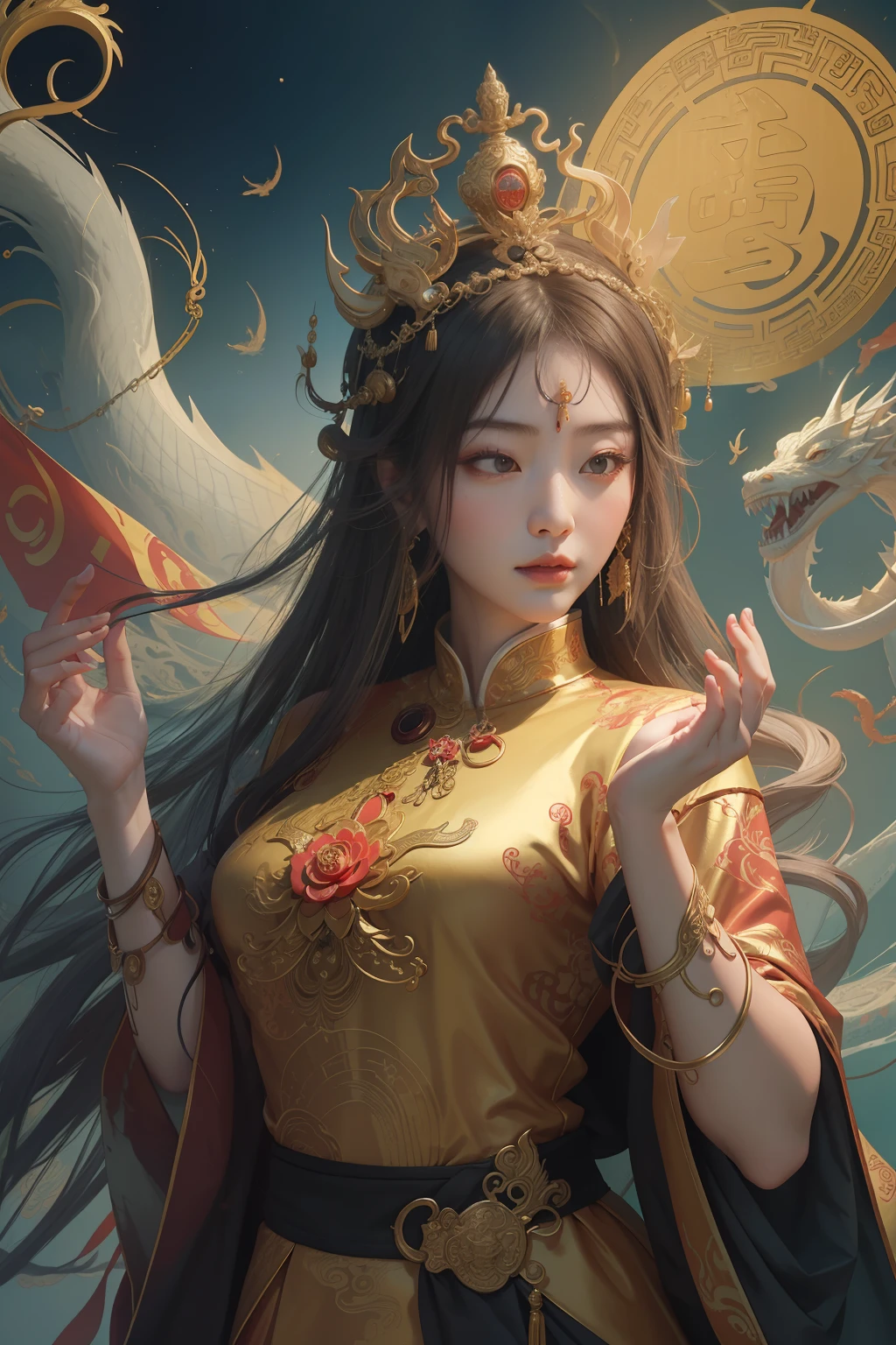 an ancient Chinese goddess, guanyin of the southern seas, Guanyin, Inspired by China, Avalokiteshvara rides a dragon，,Serene expression,shui mo hua,Buddha,Buddhist,Lotus,Chinese painting style,Thangka style