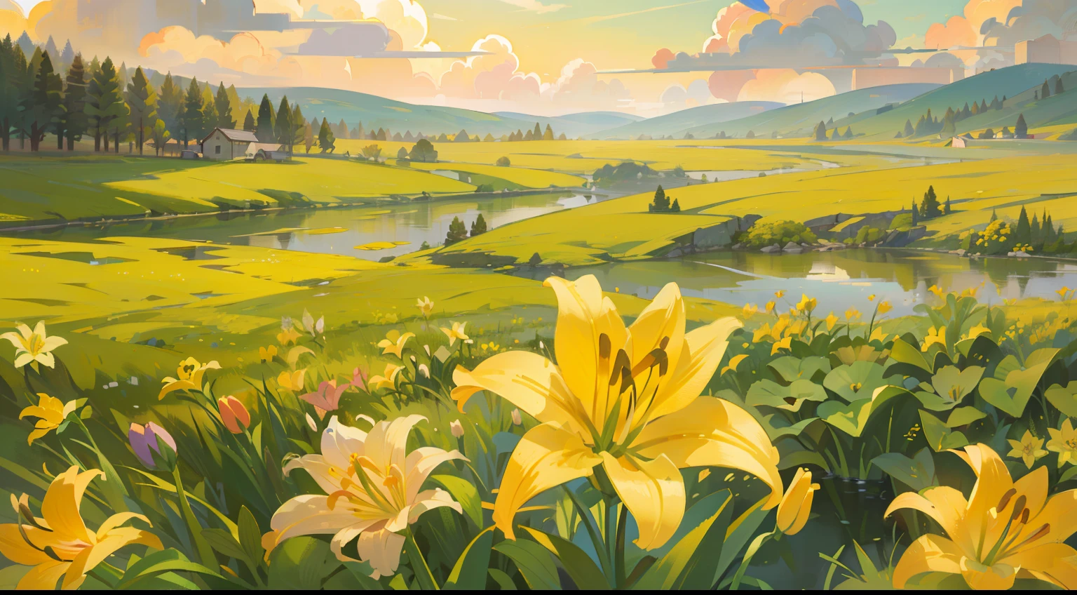 (masterpiece), best quality, ultra high res, sharp focus, long shot, meadow full of yellow lily flower, (at noon time:1.2), (warm pastel tone), detailed scenery, beautiful scenery, clouds
