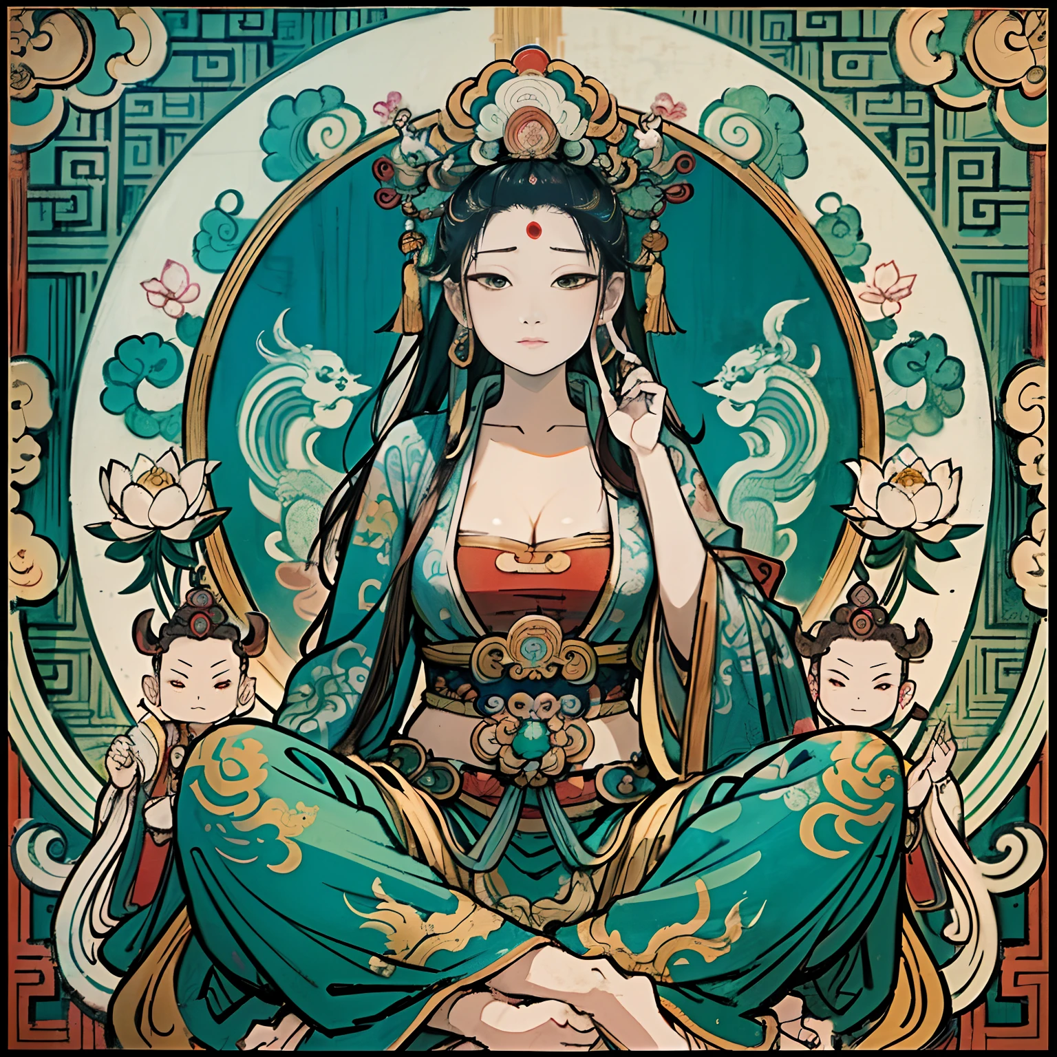 Guanyin Bodhisattva，Female Bodhisattva，The eyebrows are like Satsuki，The eyes resemble double stars，The jade face is naturally joyful，Vermilion's lips were a little red，Sit on a huge lotus leaf，(nsfw: 1.5) (: 1.5), pubic