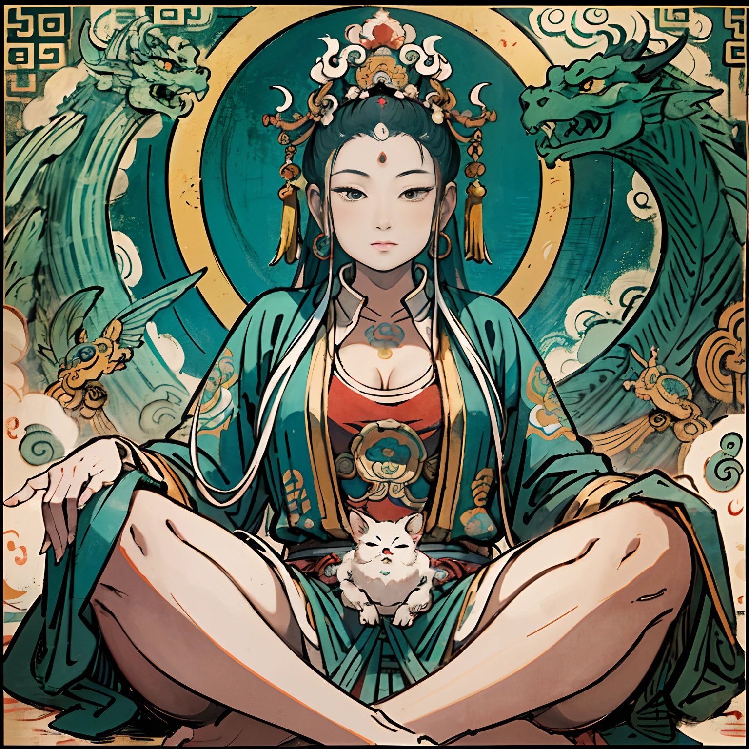 tantric beauty sitting on a lotus throne meditates,(Yoga lotus sitting),(Perfect delicate and good-looking face),(Fully and wet,The body is full of mucus)nsfw