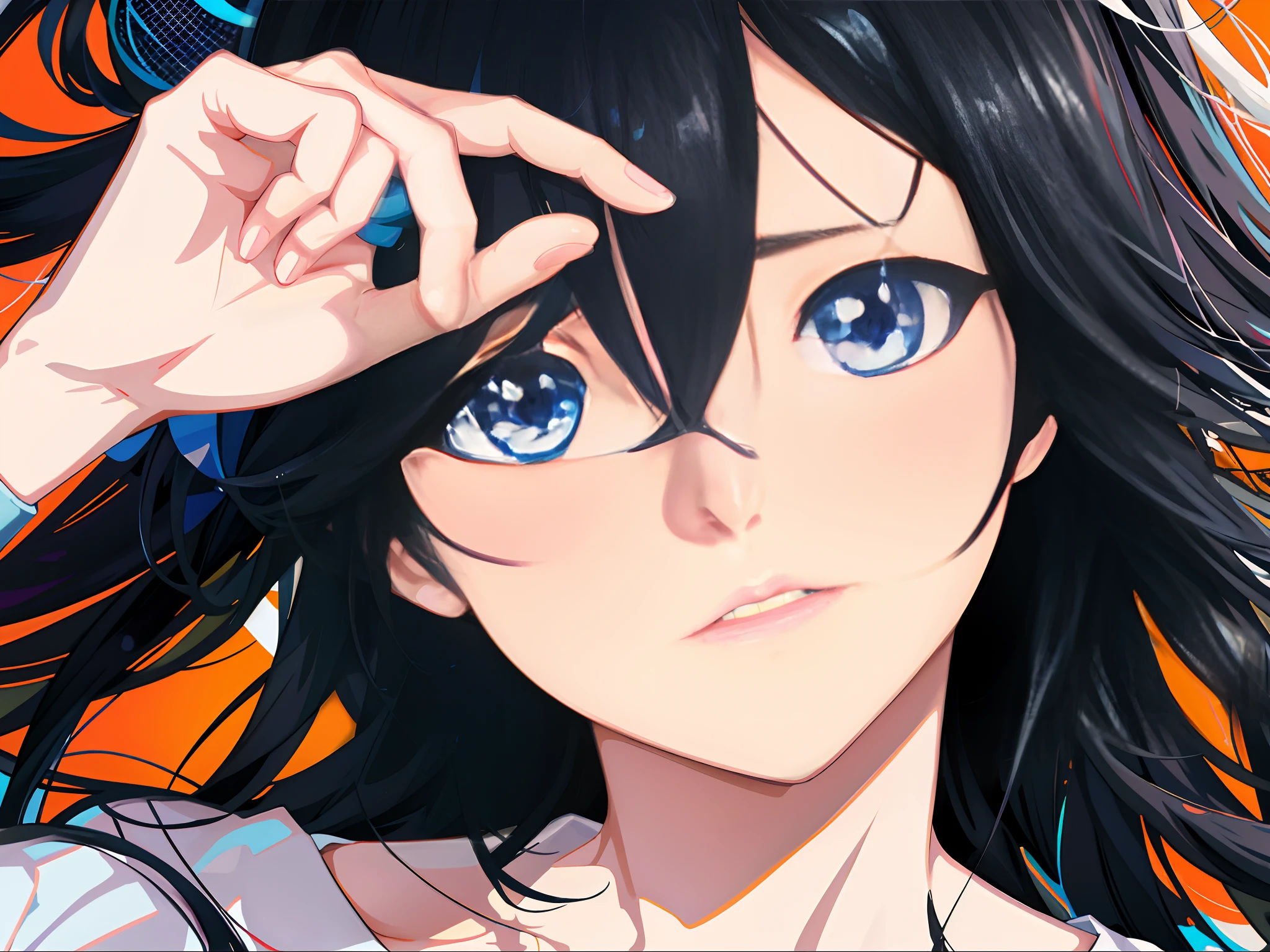 Anime girl with blue eyes and black hair puts her hands on her head, Detailed digital anime art, Anime moe art style, style of anime4 K, detailed portrait of an anime girl, Stunning anime face portrait, Digital anime art, Anime art wallpaper 4k, Anime style portrait, Anime art wallpaper 4 K, Digital anime art!!, black anime pupils in her eyes