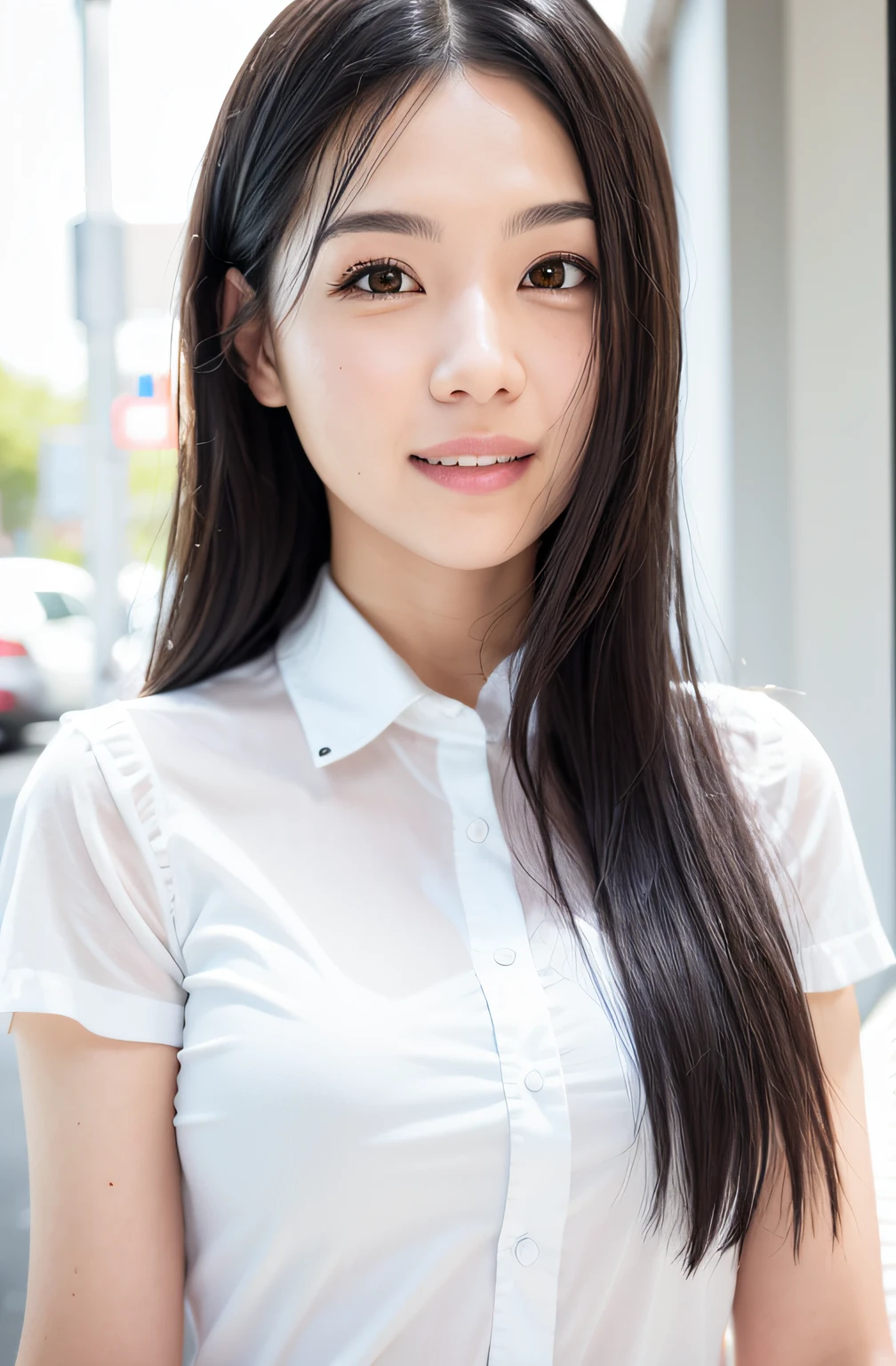 Smiling woman with black hair in white shirt、campus