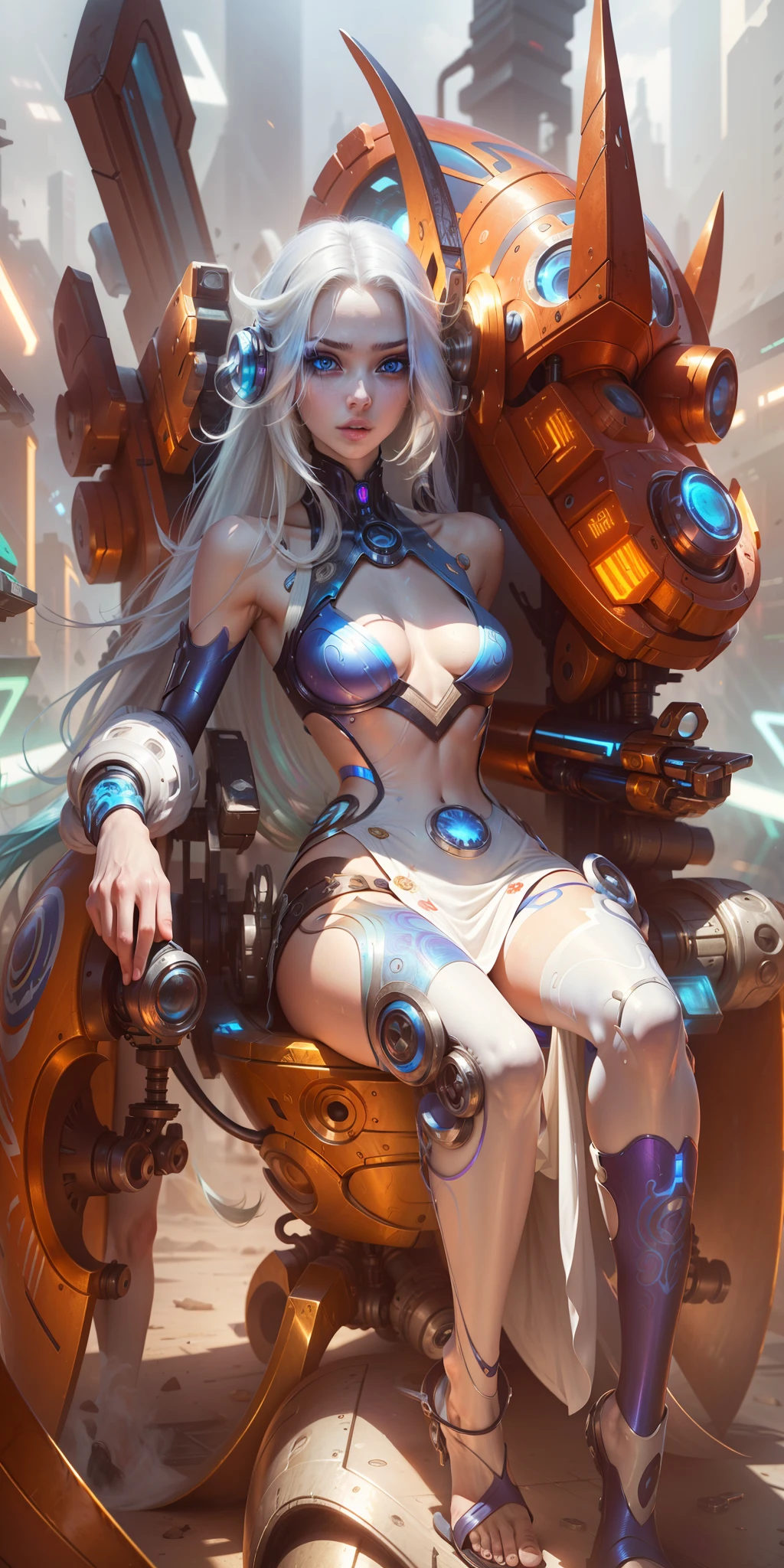 Masterpiece, Best Quality, Girls, Slender, Blue Eyes, Hair Color, Iridescent, Long Hair Spreading, White Skin, Medium, Cute, y, Near Future, Cyberpunk, Bikini, Exposed Skin, Night, Psychedelic, Trip, Extreme Color, Paisley Theme, Open Legs, Mechanical Left Arm, Full Body