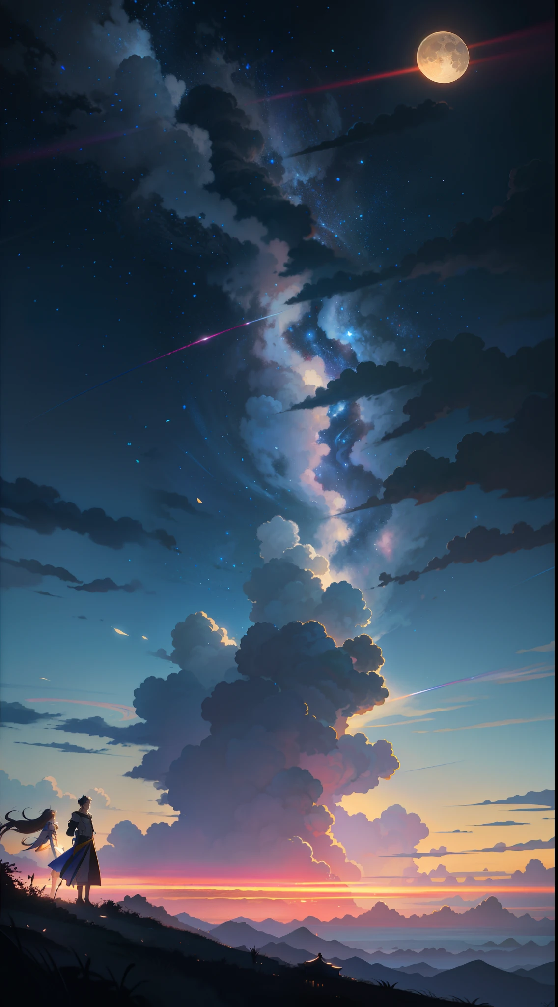 A painting of a couple together in moonlight,The concept art was inspired by Tosa Mitsuoki,Pixiv competition winner,best qualtiy,Fantasyart,beautiful anime scenes,A bright moon,Couple in the moonlight,Surrounding forests,glowworm,courtyard,blossoms,starlights,Dream painting,Anime background art,dream scenery art,Fantastic night, anime backgrounds, background artwork, dreamlike art, Atmospheric anime, starrysky,Detail Enhancement。