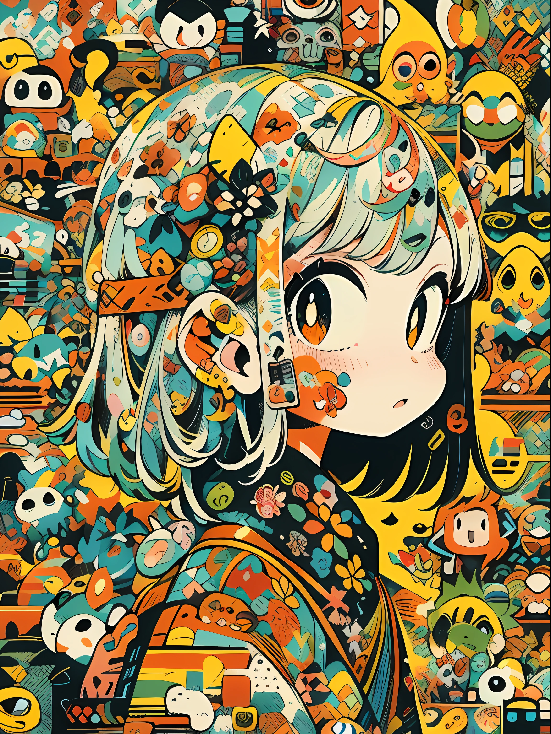 Close-up of cartoon character with lots of objects, anime graphic illustration, pop japonisme 3 d ultra detailed, japanese cartoon style, anime style illustration, anime style artwork, anime abstract art, Anime style mixed with Fujifilm, anime style 4 k, anime robotic mixed with organic, digital anime illustration, inspired by Kubisi art, Anime Illustration