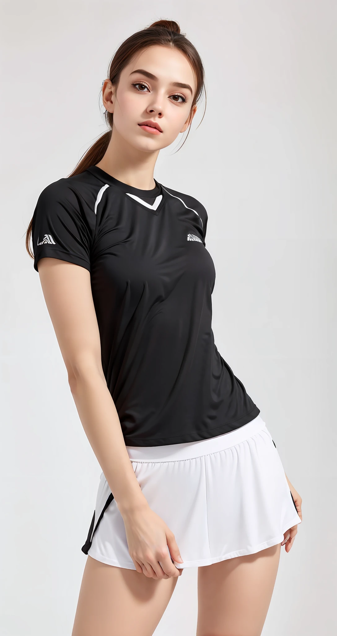 uma mulher linda de top preto e saia branca posando para uma foto, mangas curtas, tampo preto, camiseta preta, roupas esportivas, saia curta, usando uma saia curta esportiva, saia curta tem, camisa preta, usando roupas sexy, mini saia sexy, minissaia, camiseta esportiva, vestindo camiseta preta, camiseta, T - Camisa, camisa preta, roupas esportivas, tennis wear, Camiseta, T-shirt preta, camiseta preta